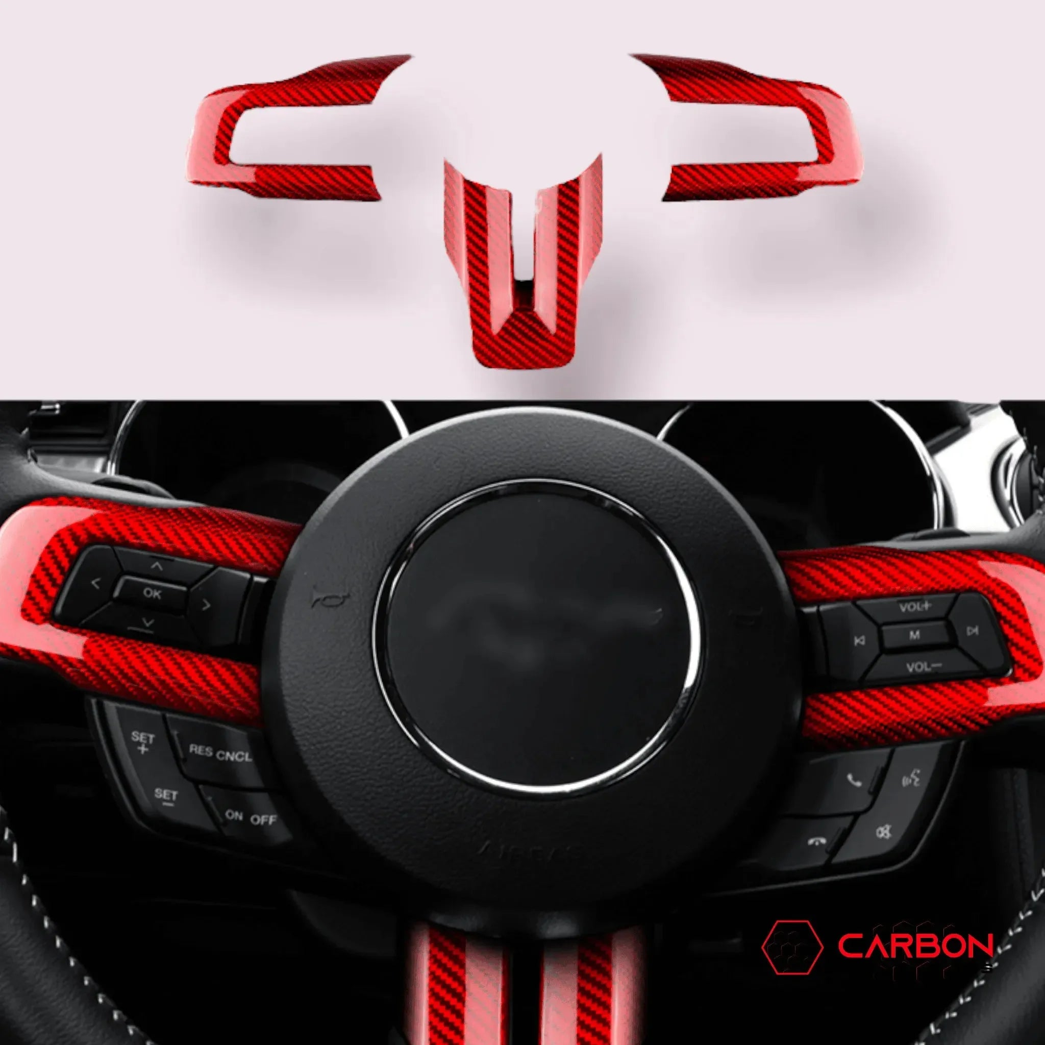 Red carbon fiber steering wheel trim for American muscle cars, enhancing interior style with real carbon fiber accents.