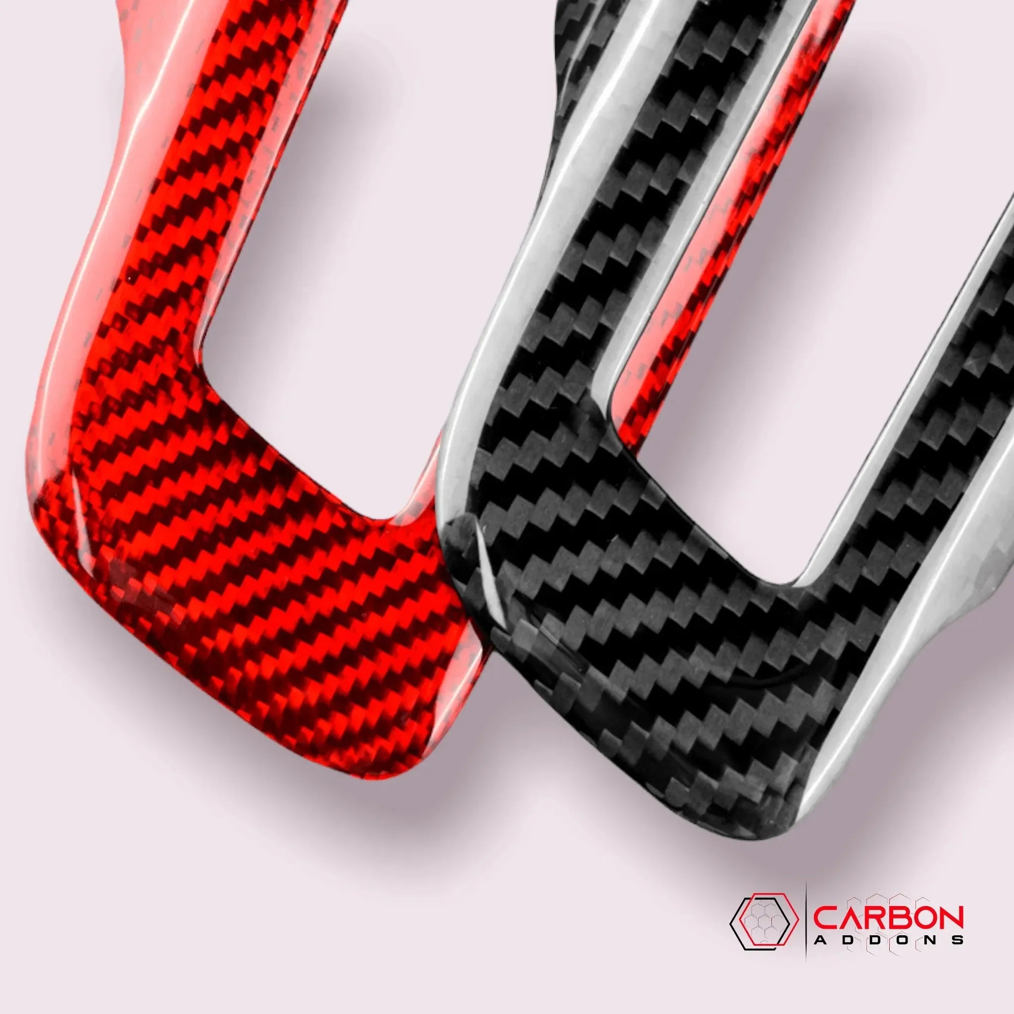 Red and black carbon fiber automotive trim pieces for Chevy, Ford, Dodge vehicles