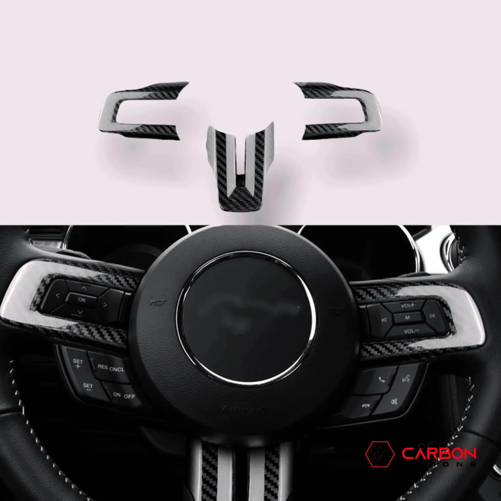 Real carbon fiber steering wheel trim for Ford Mustang, enhancing interior with sleek, durable accents.