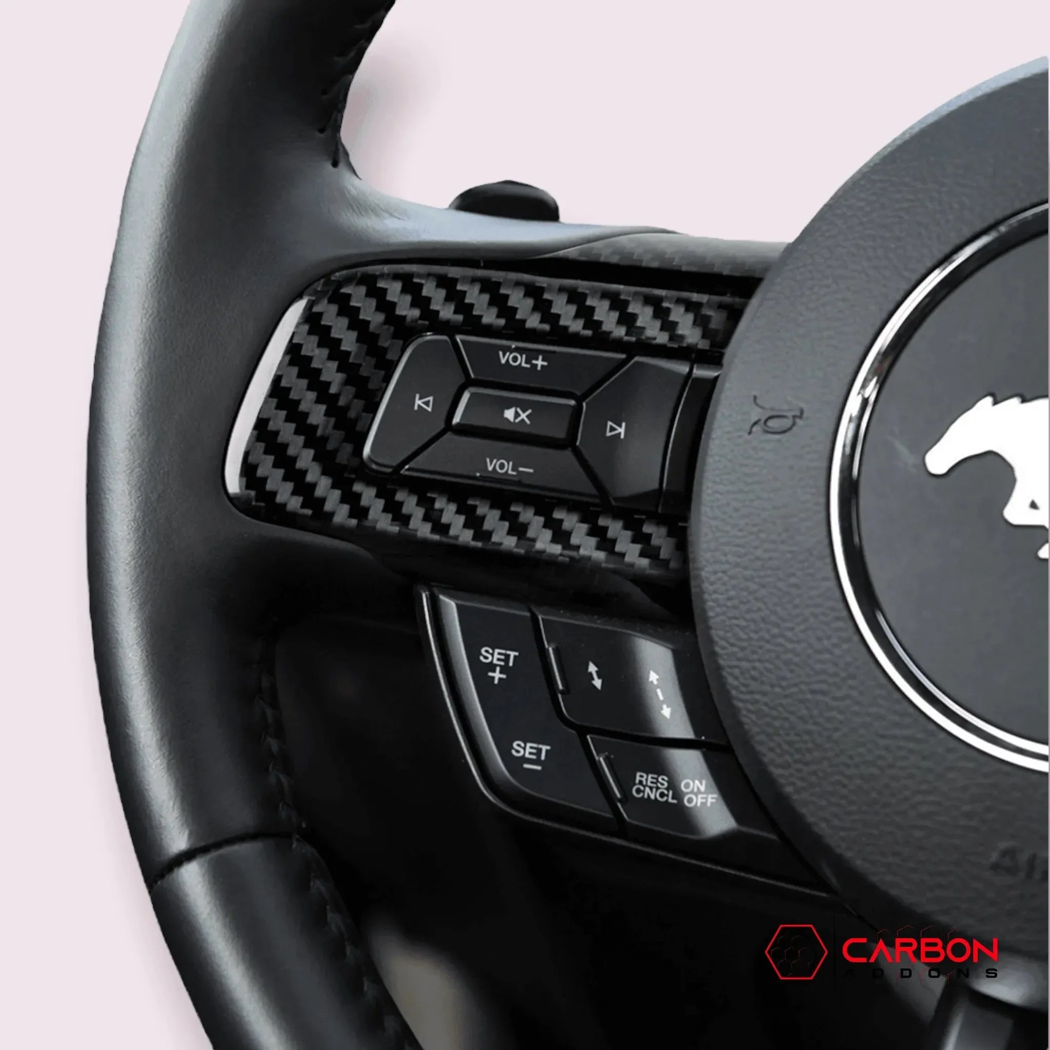 Real carbon fiber steering wheel trim for Ford Mustang with audio and cruise controls
