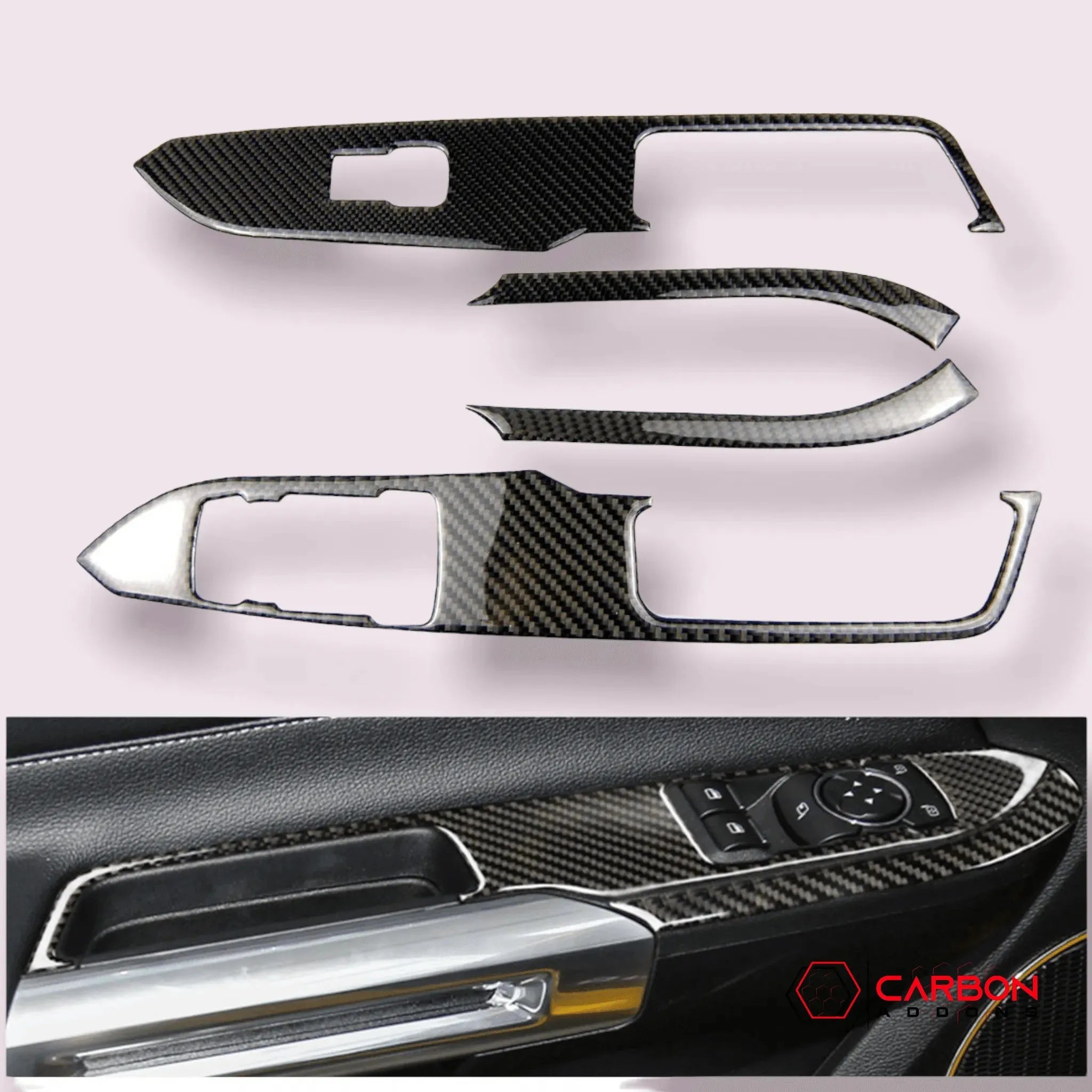 Mustang 2015-2023 Carbon Fiber Window Control Panel Trim Overlay - carbonaddons Carbon Fiber Parts, Accessories, Upgrades, Mods