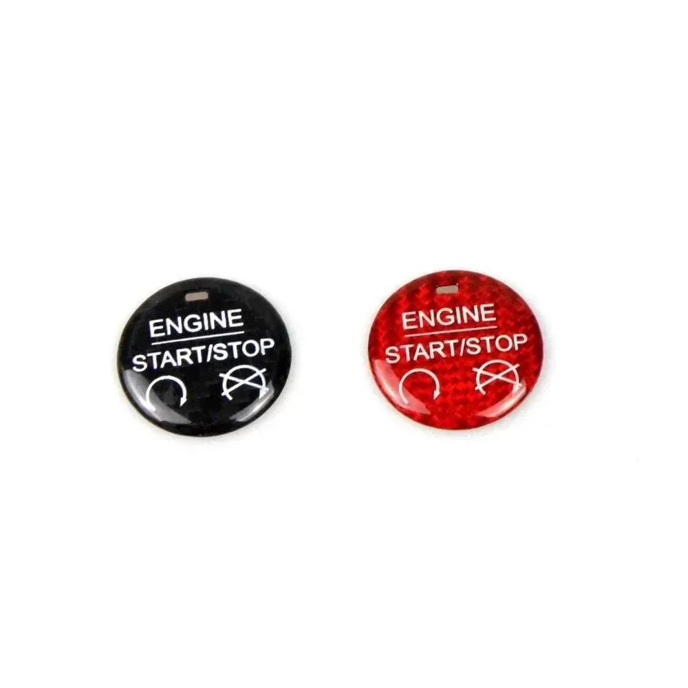 Black and red carbon fiber engine start/stop button covers for American muscle cars