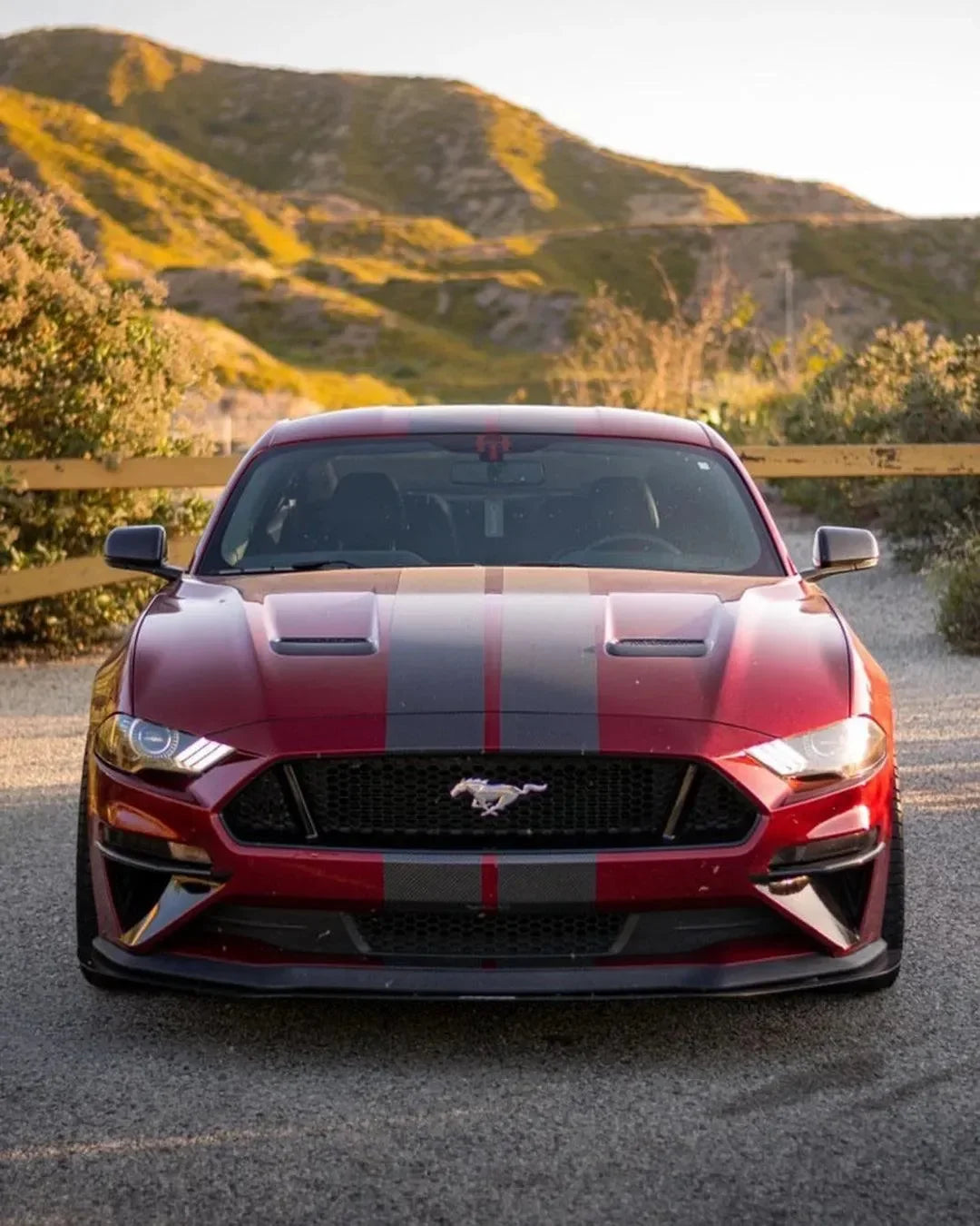 Red Ford Mustang with carbon fiber accents and racing stripes, parked against scenic hills.
