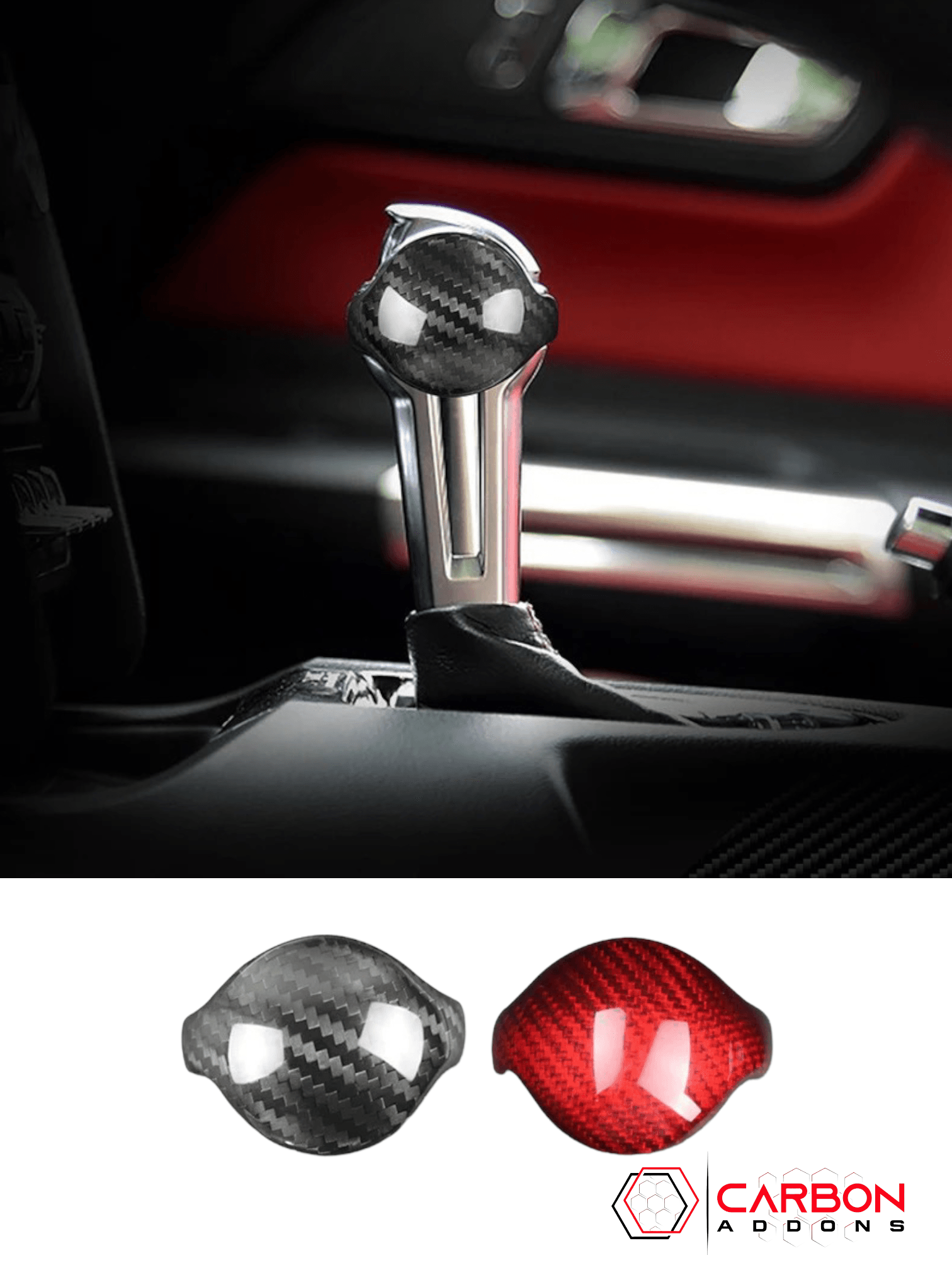 Mustang 2015-2023 Real Carbon Fiber Automatic Shift Knob Cover - carbonaddons Carbon Fiber Parts, Accessories, Upgrades, Mods