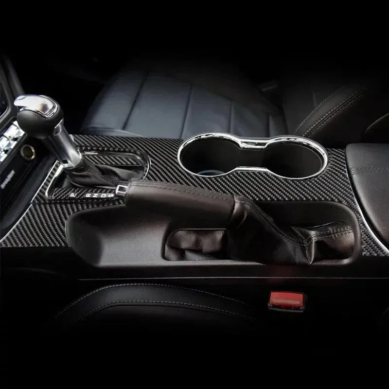 Real carbon fiber center console trim with cup holders for American muscle cars