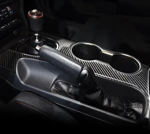 Real carbon fiber center console trim with cup holders for American muscle cars