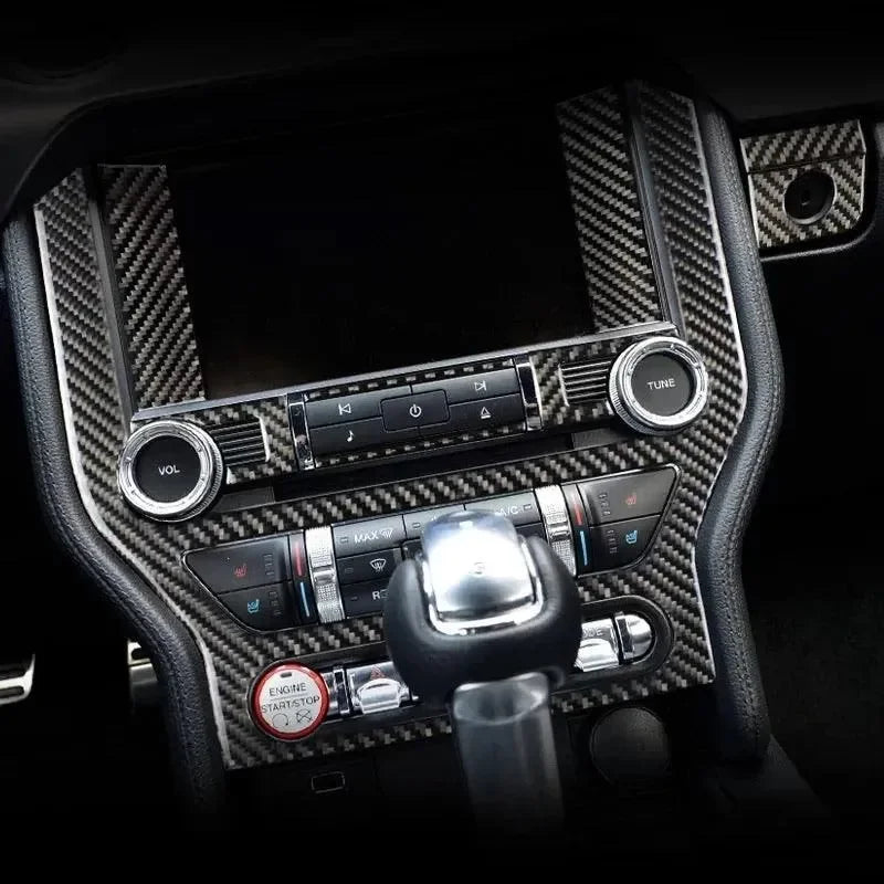 Real carbon fiber interior trim kit for car dashboard and center console, enhancing luxury and performance look.