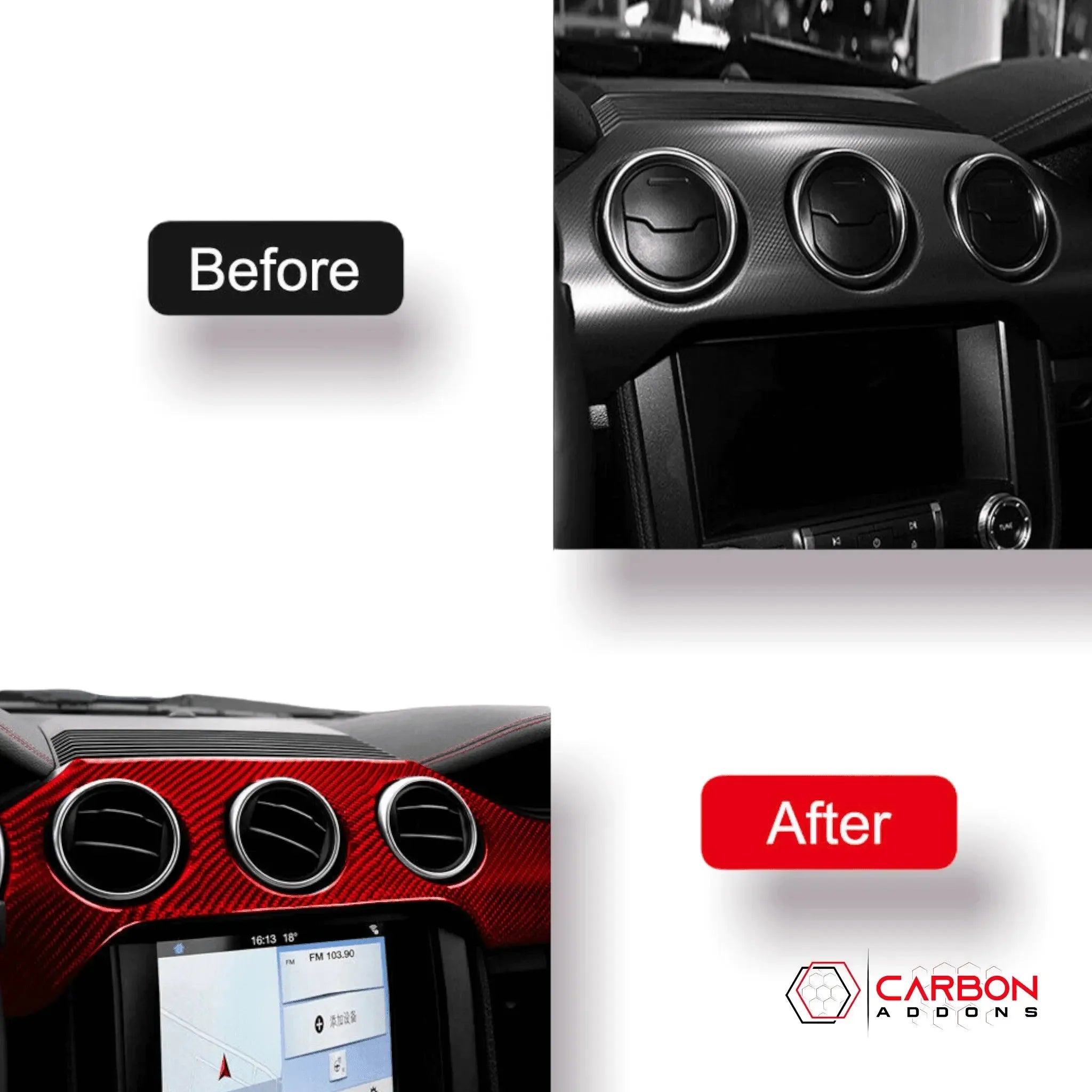 Mustang 2015-2023 Real Carbon Fiber Whole Front Dash Overlay - carbonaddons Carbon Fiber Parts, Accessories, Upgrades, Mods