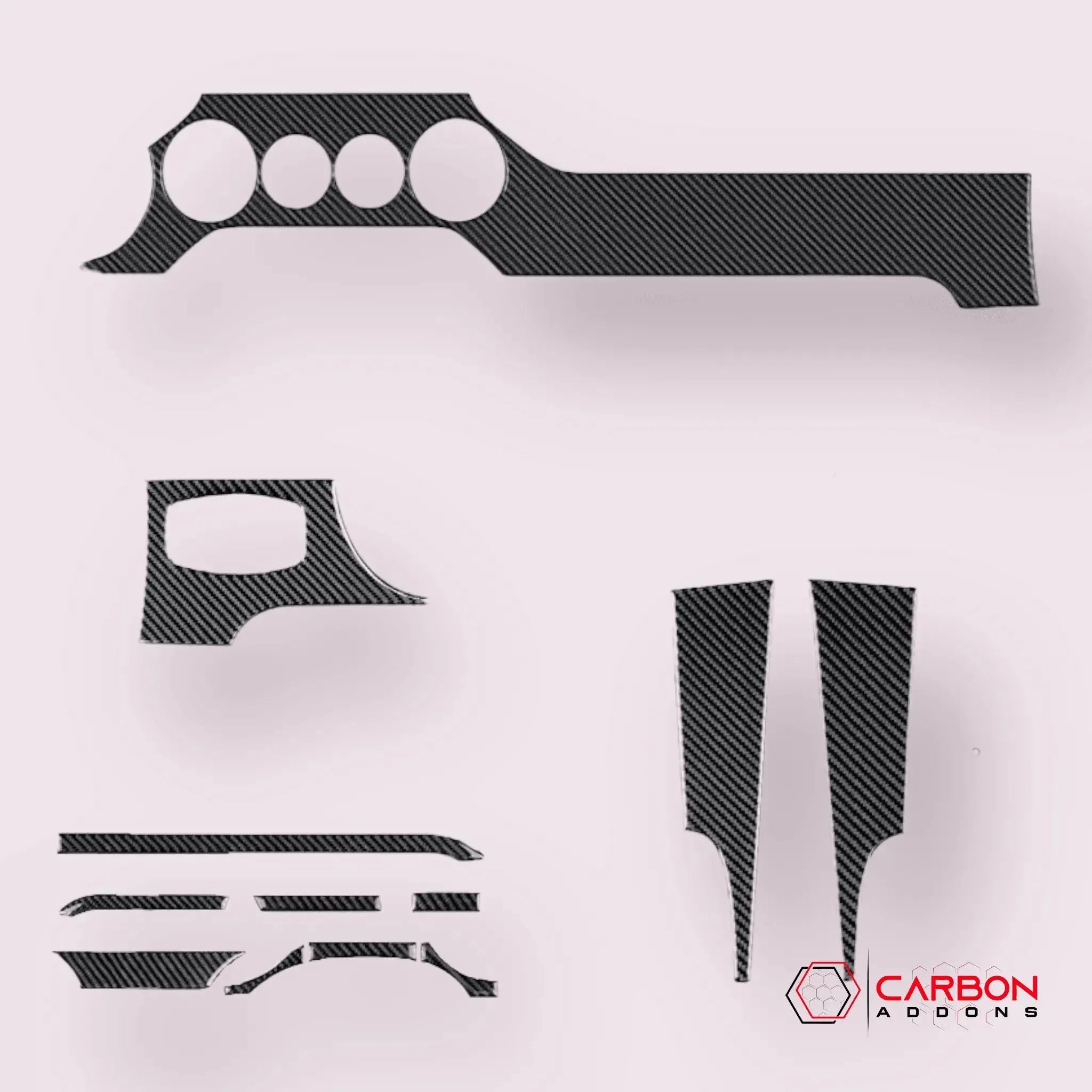 Real carbon fiber interior trim kit for American muscle cars and trucks, featuring dash and door panel overlays.