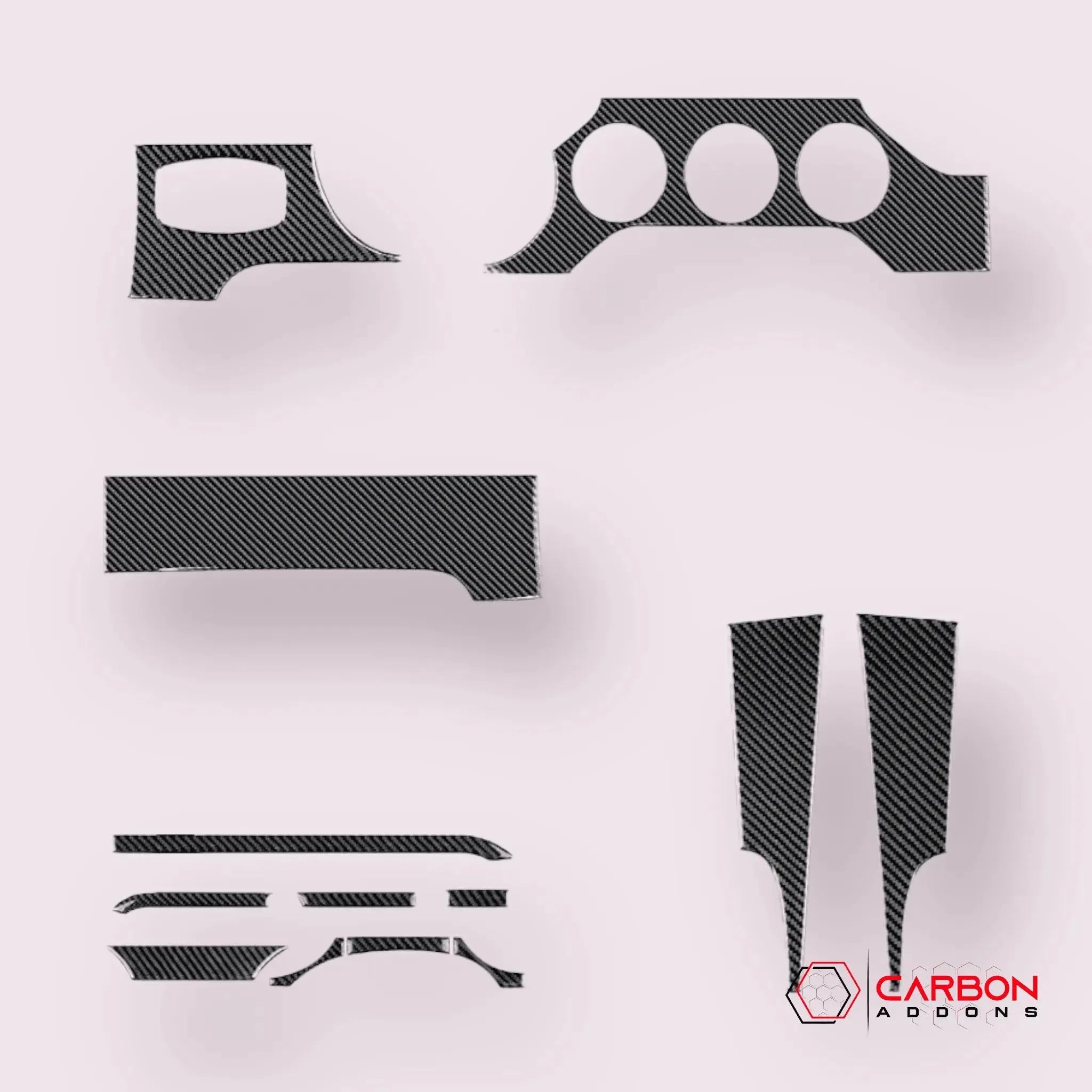 Real carbon fiber automotive trim pieces for interior and exterior customization, compatible with American vehicles.