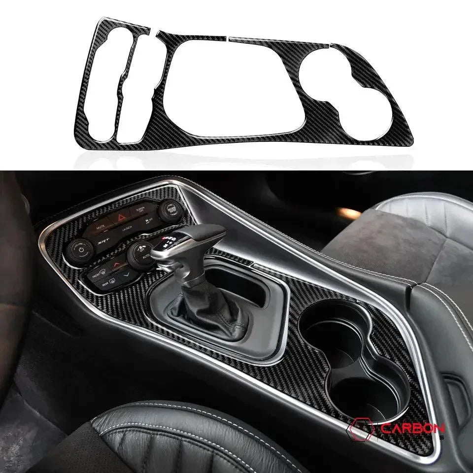 Real carbon fiber center console trim for American muscle cars, enhancing interior with sleek, durable accents