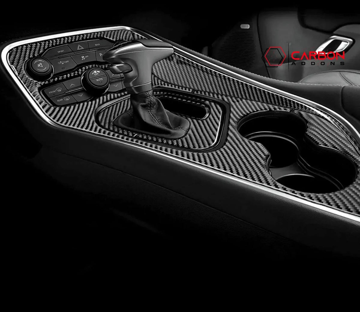 Real carbon fiber center console trim with gear shifter and cup holders for American muscle cars