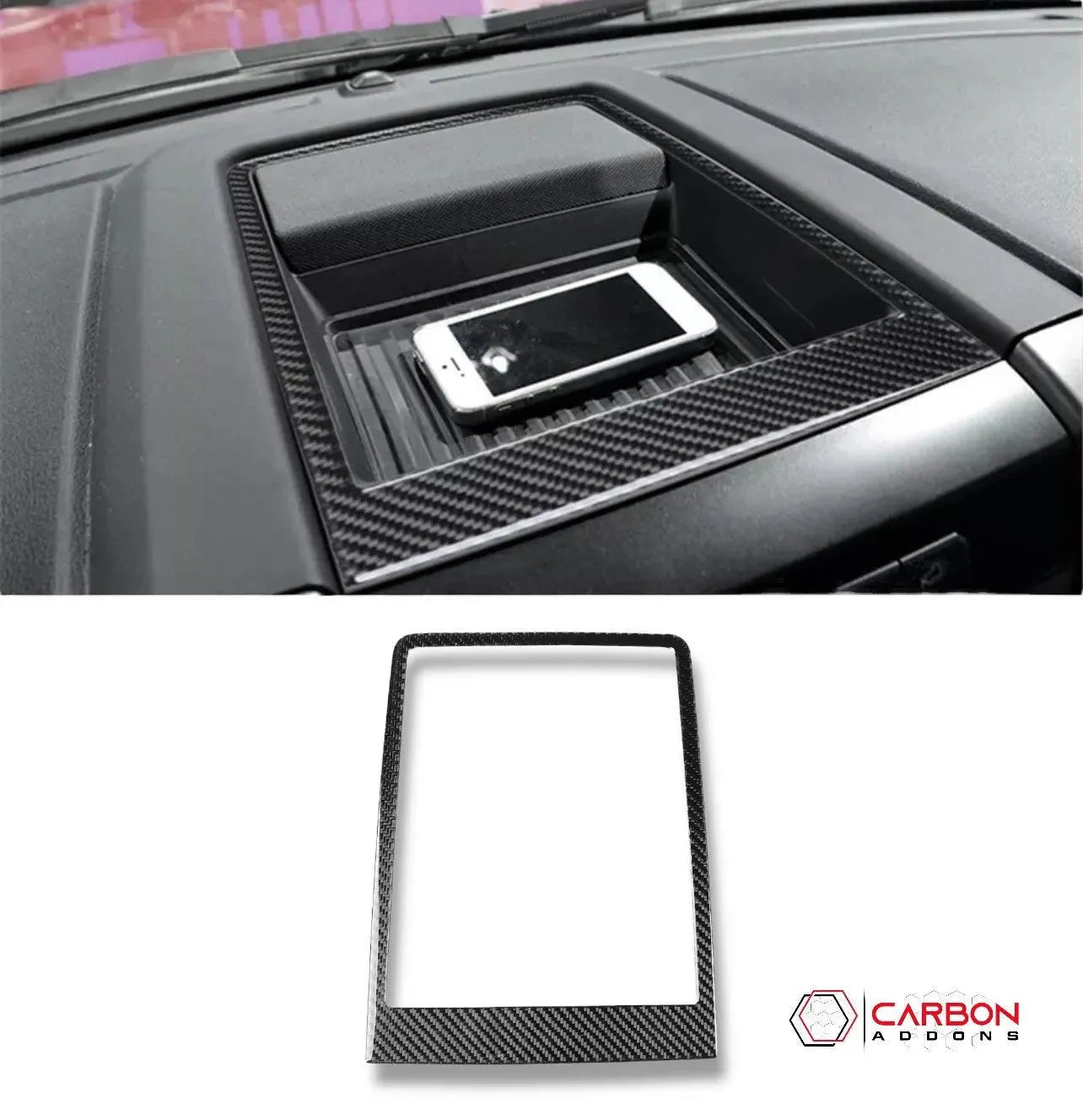 Real Carbon Fiber Center Console Dashboard Storage Trim Overlay | 2015-2020 Ford F150 - carbonaddons Carbon Fiber Parts, Accessories, Upgrades, Mods