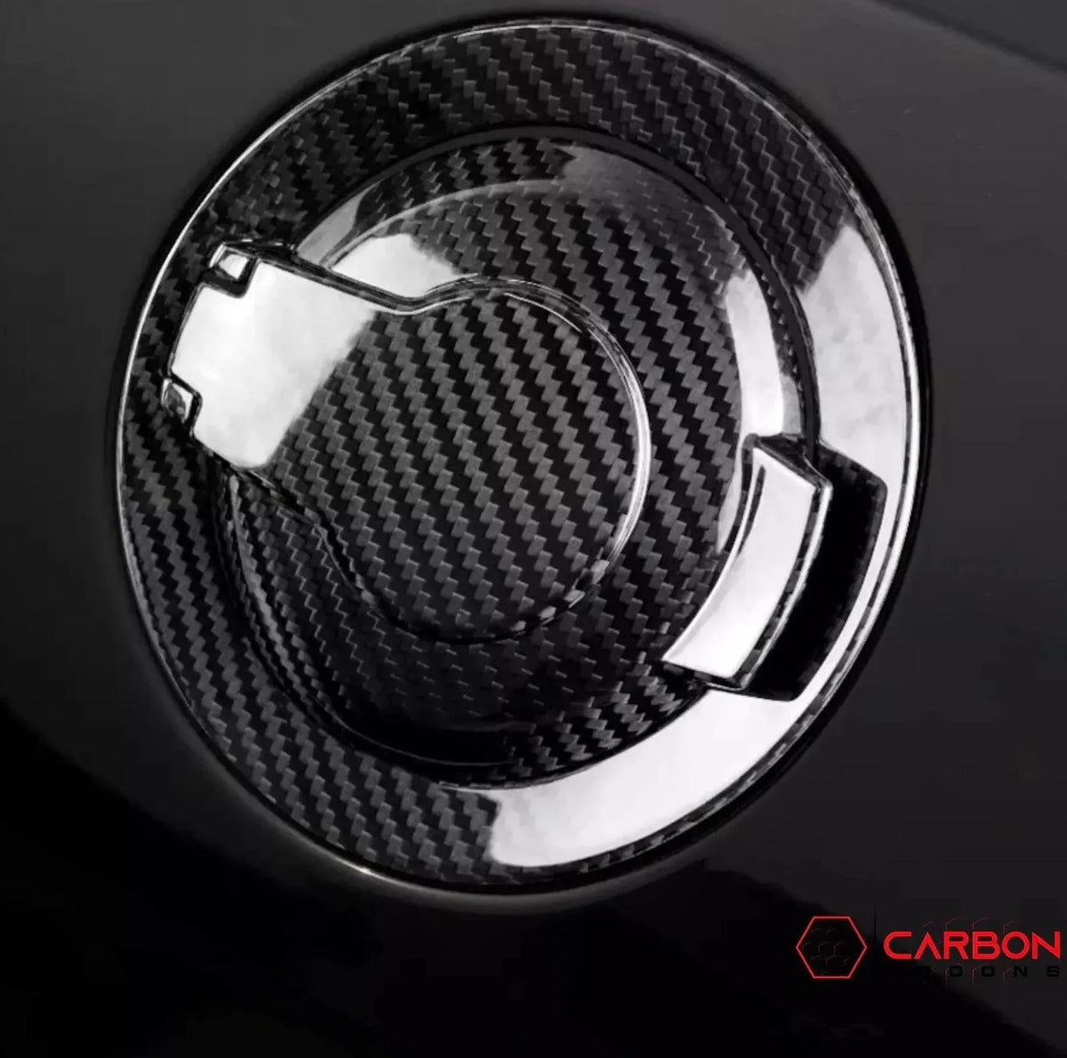 Real carbon fiber fuel door cover with chrome accents for American muscle cars