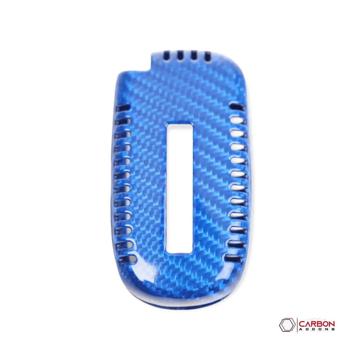 Blue carbon fiber key fob cover for American vehicles, featuring real carbon weave and precise cutouts