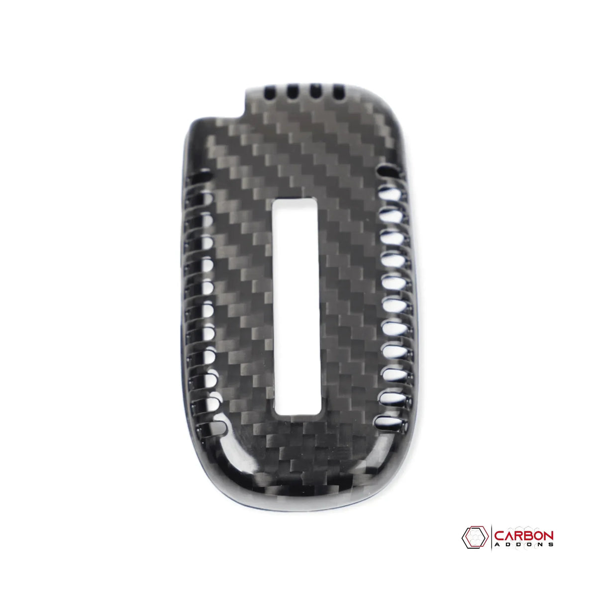 Real carbon fiber key fob cover for American vehicles, sleek black weave design with precise cutouts