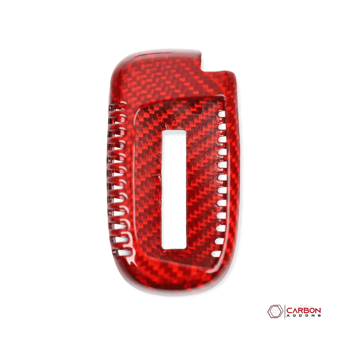 Red carbon fiber key fob cover for American vehicles, featuring glossy weave texture and precise cutouts.