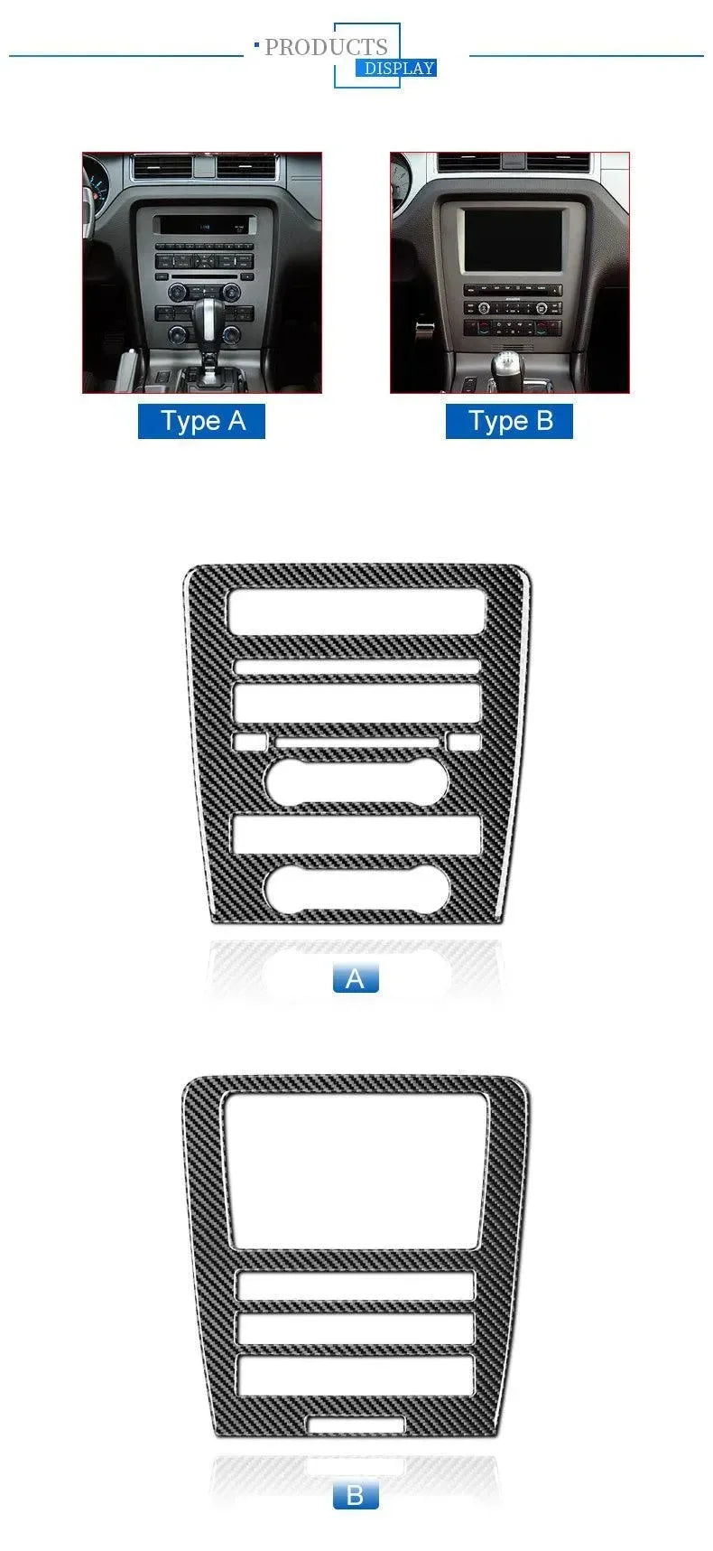 Real carbon fiber center console trim for Ford F150, Type A and B designs shown installed