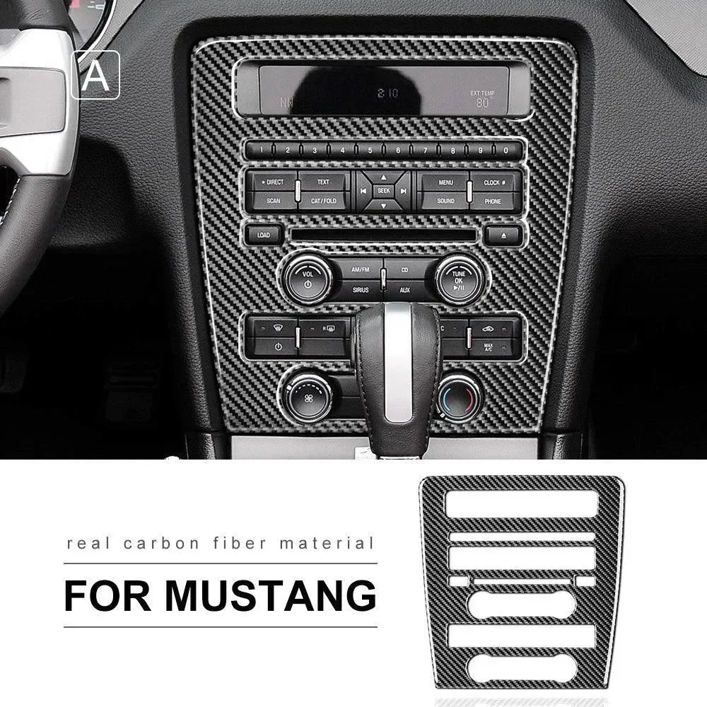 Real carbon fiber interior trim for Ford Mustang center console, enhancing dashboard with sleek, durable finish.