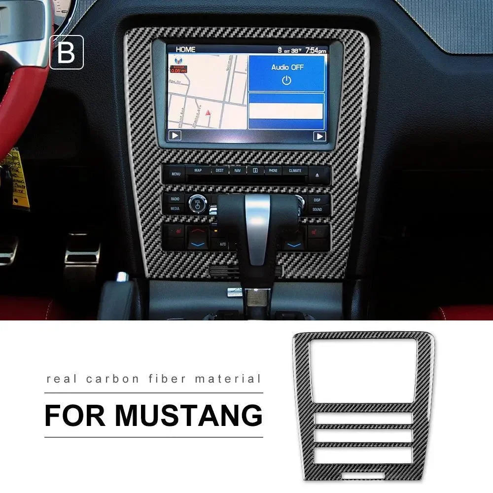 Real carbon fiber dashboard trim for Ford Mustang, enhancing interior with sleek, durable finish