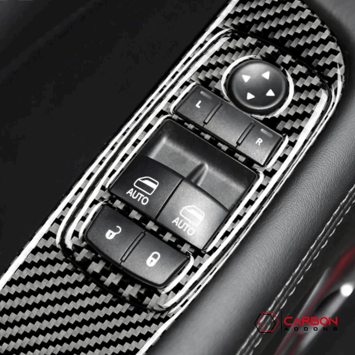 Real Carbon Fiber Window Control Trim Overlay for Dodge Challenger 2015-2023 - carbonaddons Carbon Fiber Parts, Accessories, Upgrades, Mods