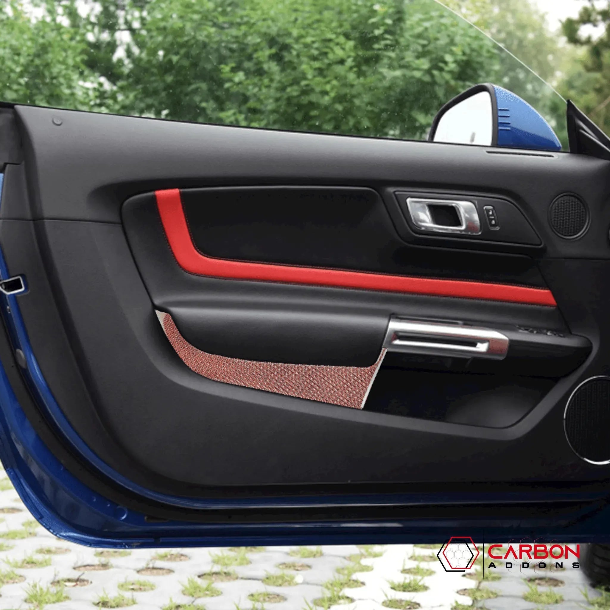 Reflective Carbon Fiber Front/Rear Door Panel Overlay for Ford Mustang 2015-2023 - carbonaddons Carbon Fiber Parts, Accessories, Upgrades, Mods