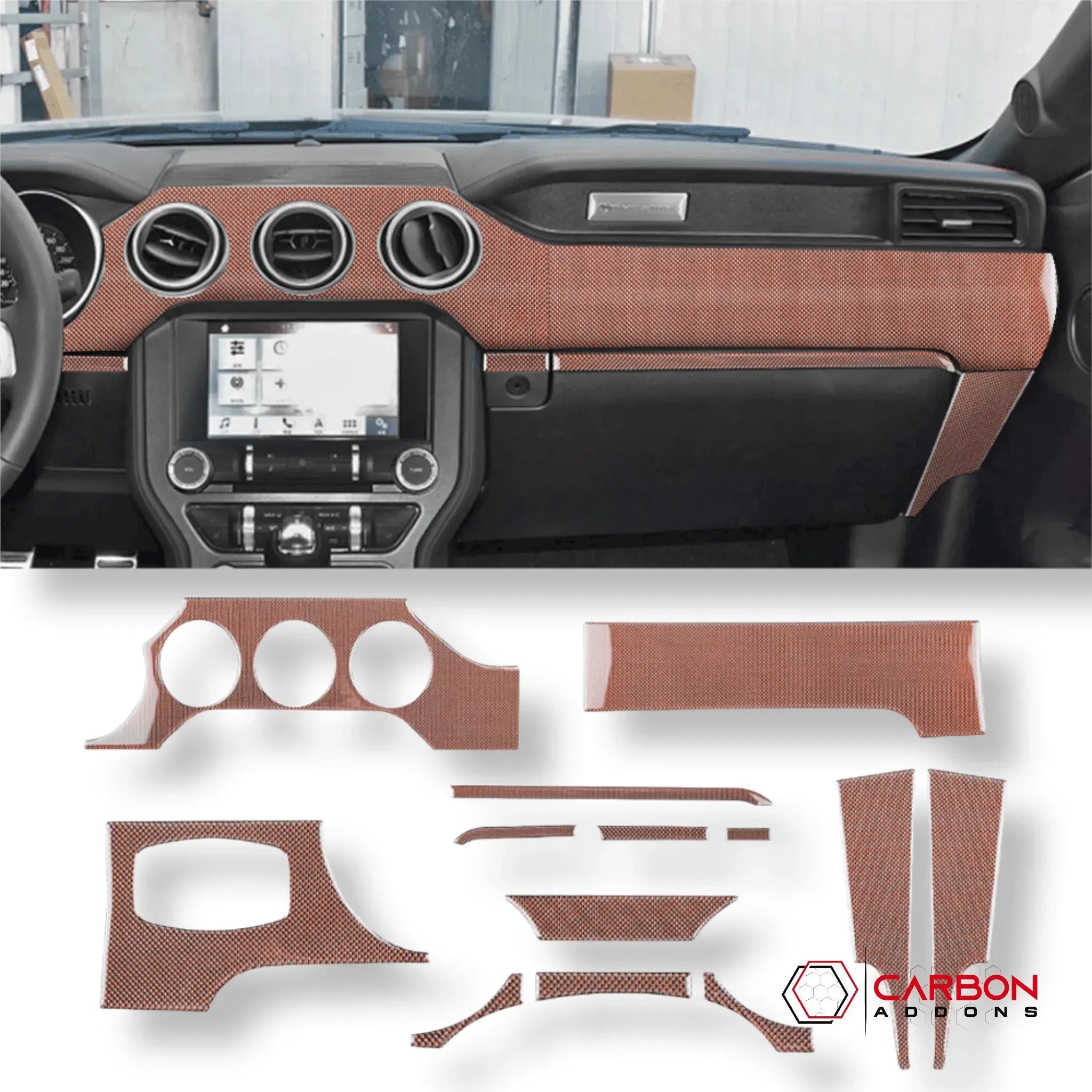 Reflective Carbon Fiber Full Dashboard Set for Ford Mustang 2015-2023 - carbonaddons Carbon Fiber Parts, Accessories, Upgrades, Mods