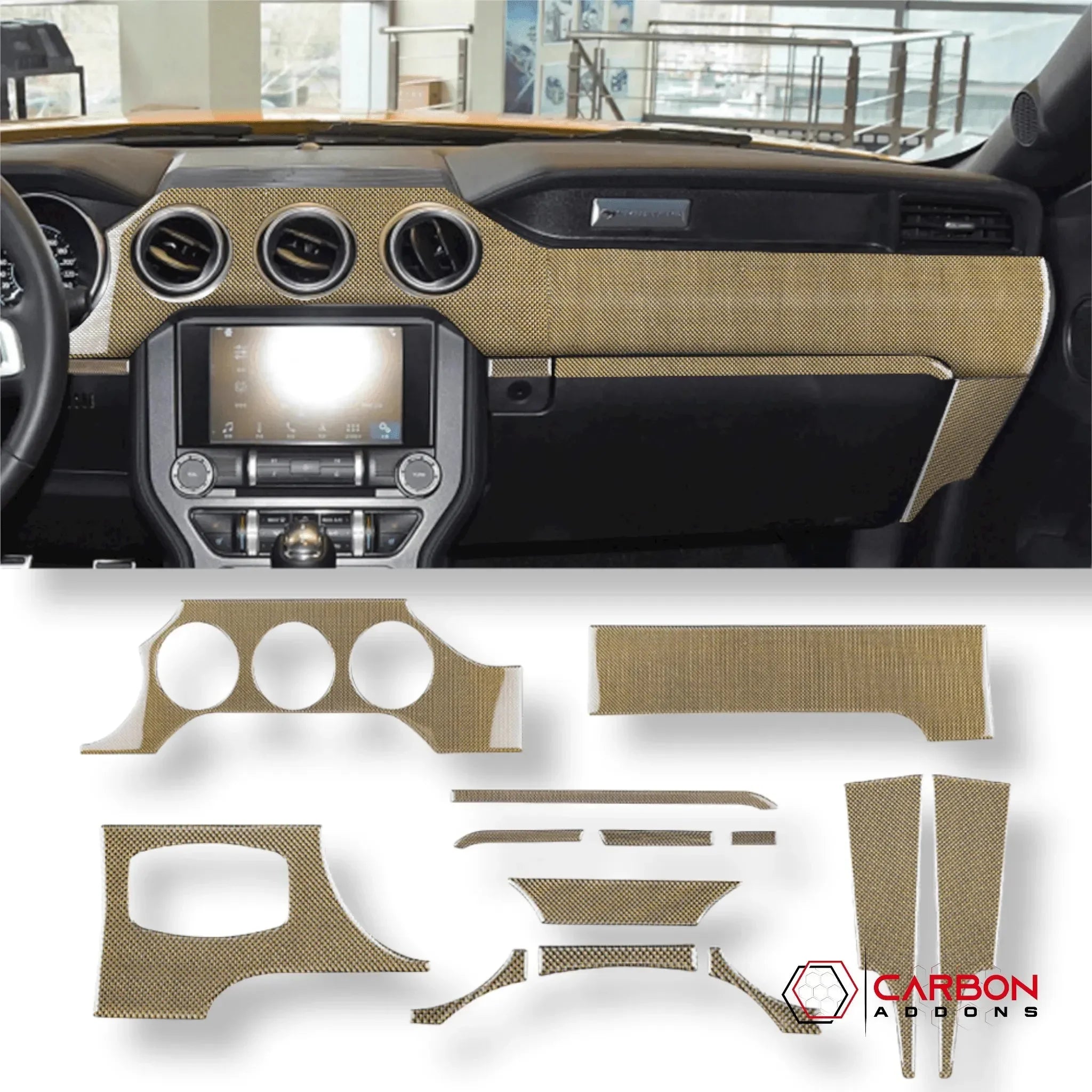 Reflective Carbon Fiber Full Dashboard Set for Ford Mustang 2015-2023 - carbonaddons Carbon Fiber Parts, Accessories, Upgrades, Mods