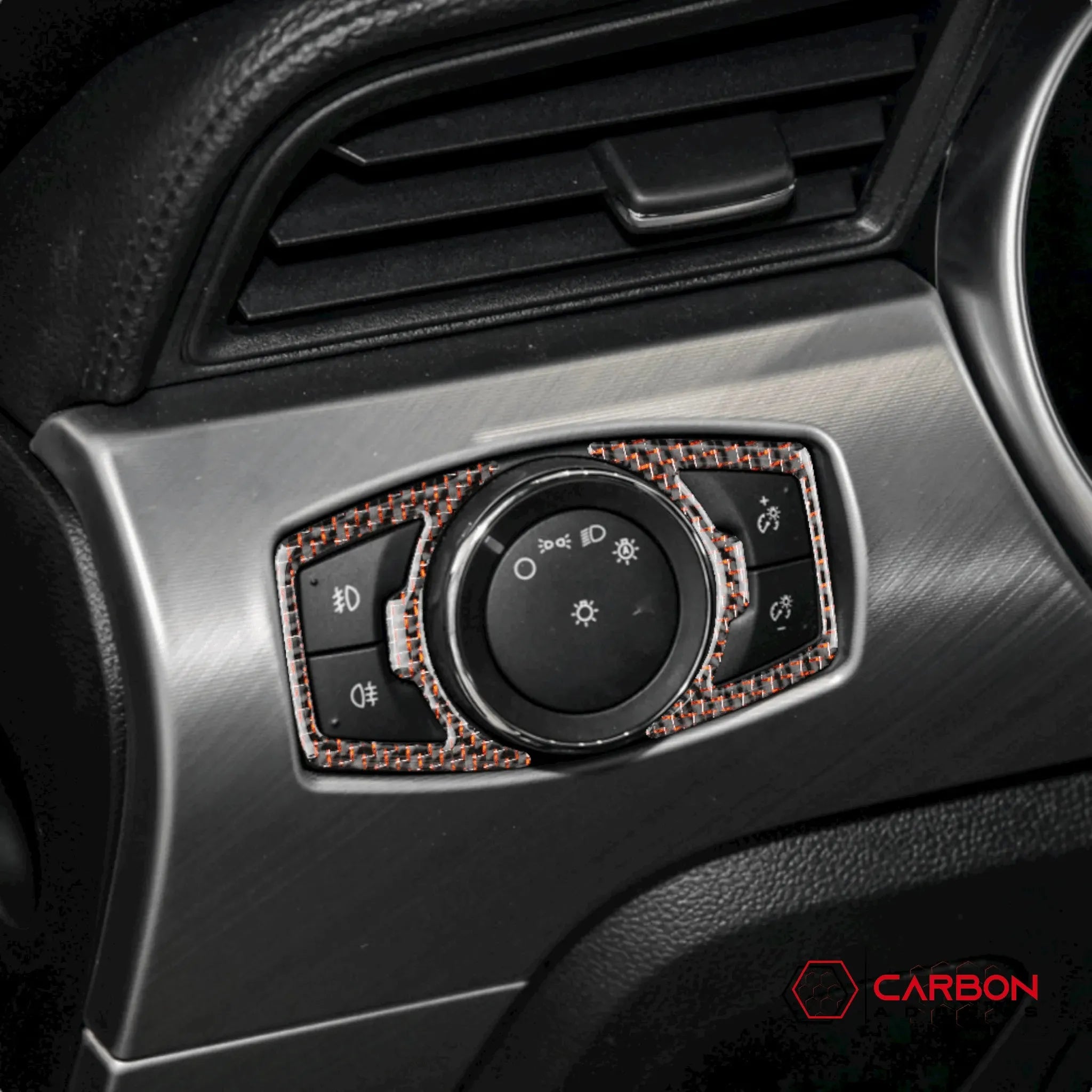 Reflective Carbon Fiber Headlight Switch Trim Overlay For Ford Mustang 2015-2023 - carbonaddons Carbon Fiber Parts, Accessories, Upgrades, Mods