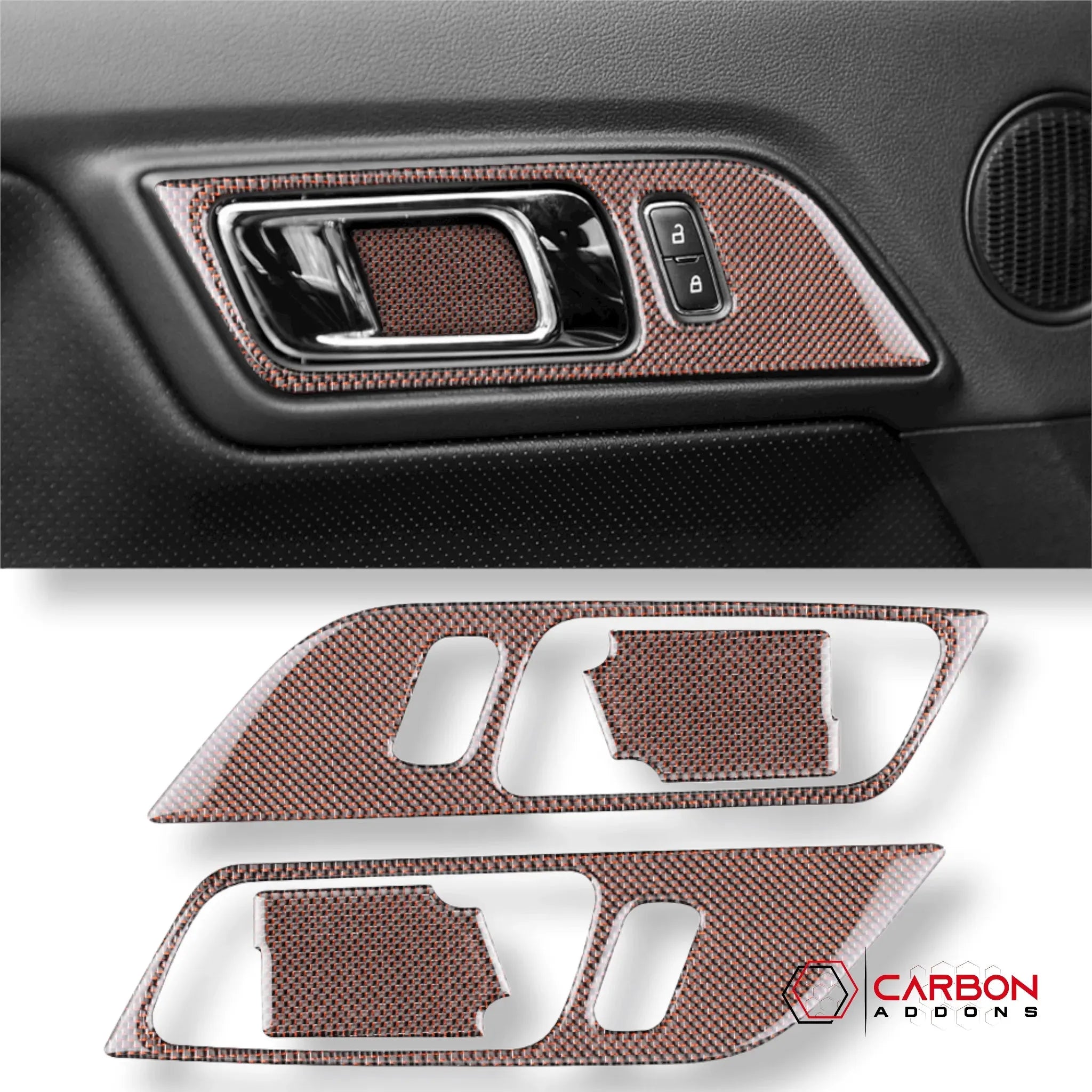 Reflective Carbon Fiber Interior Door Handle Trim Overlay for Ford Mustang 2015-2023 - carbonaddons Carbon Fiber Parts, Accessories, Upgrades, Mods