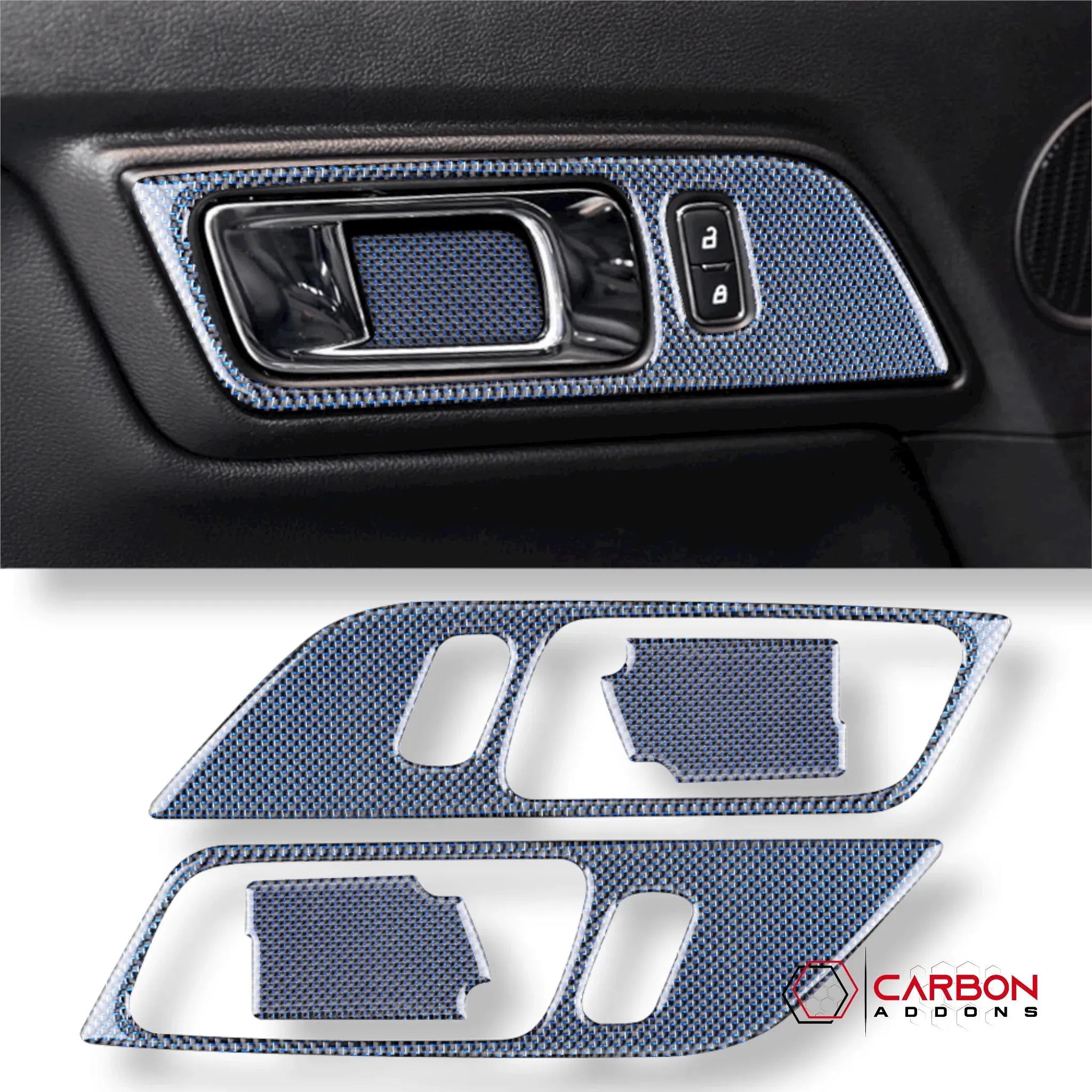 Reflective Carbon Fiber Interior Door Handle Trim Overlay for Ford Mustang 2015-2023 - carbonaddons Carbon Fiber Parts, Accessories, Upgrades, Mods