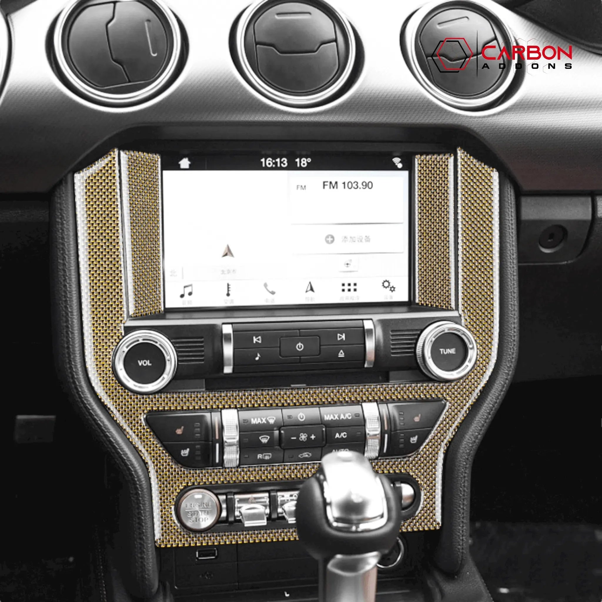 Reflective Carbon Fiber Multimedia Radio Trim Overlay for Ford Mustang 2015-2023 - carbonaddons Carbon Fiber Parts, Accessories, Upgrades, Mods