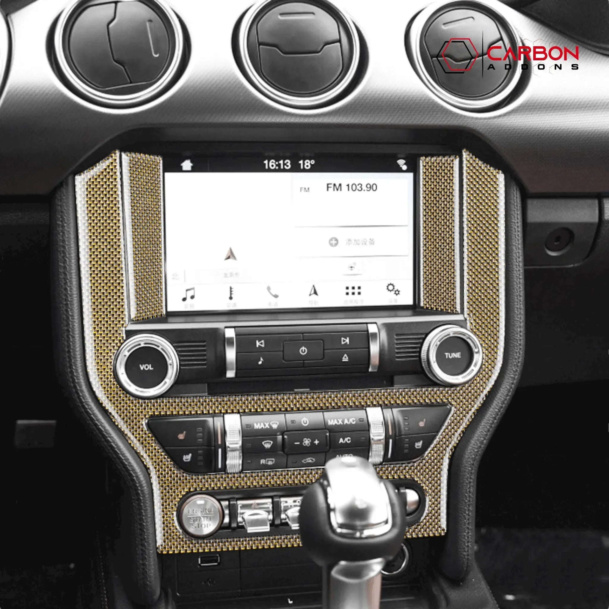 Reflective Carbon Fiber Multimedia Radio Trim Overlay for Ford Mustang 2015-2023 - carbonaddons Carbon Fiber Parts, Accessories, Upgrades, Mods