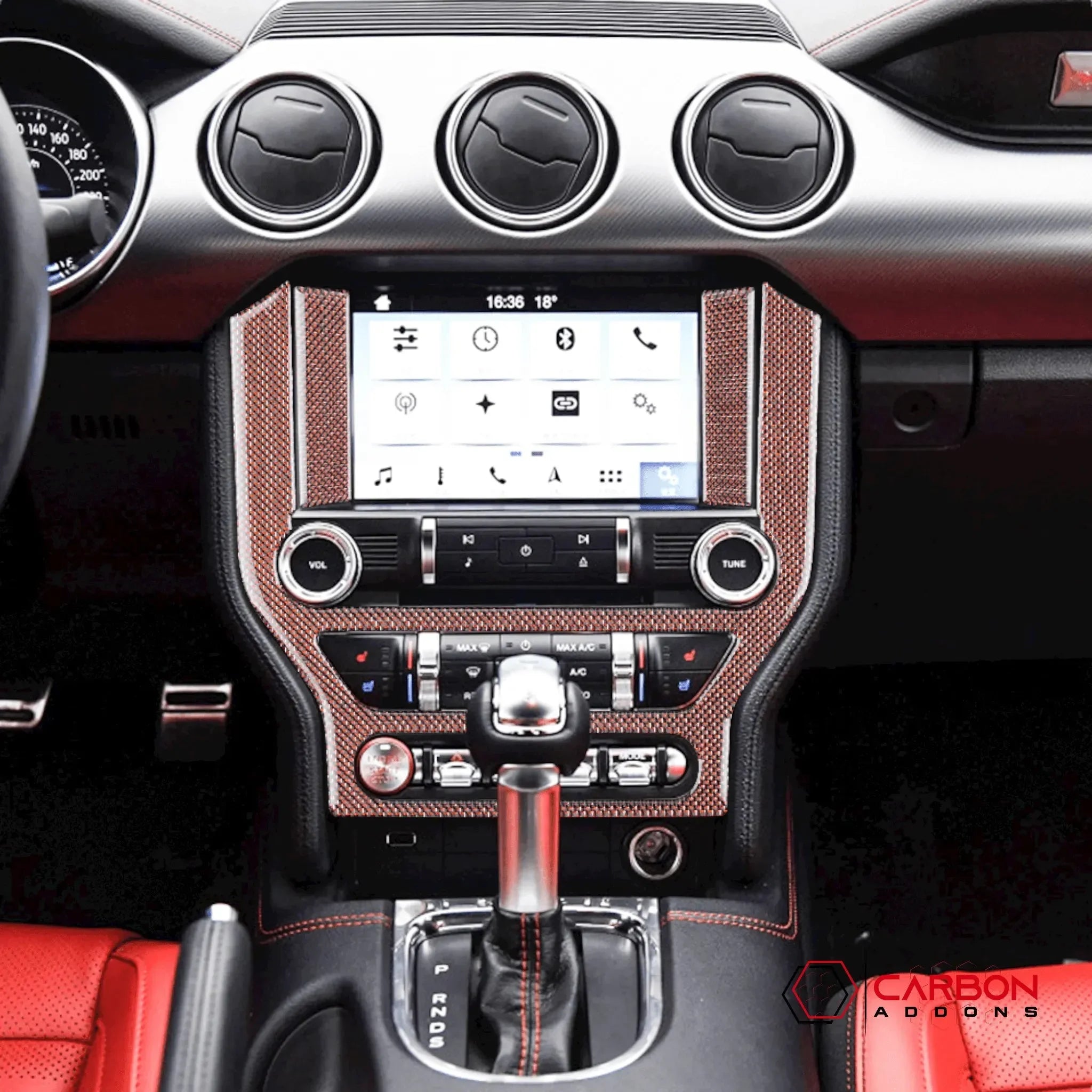 Reflective Carbon Fiber Multimedia Radio Trim Overlay for Ford Mustang 2015-2023 - carbonaddons Carbon Fiber Parts, Accessories, Upgrades, Mods