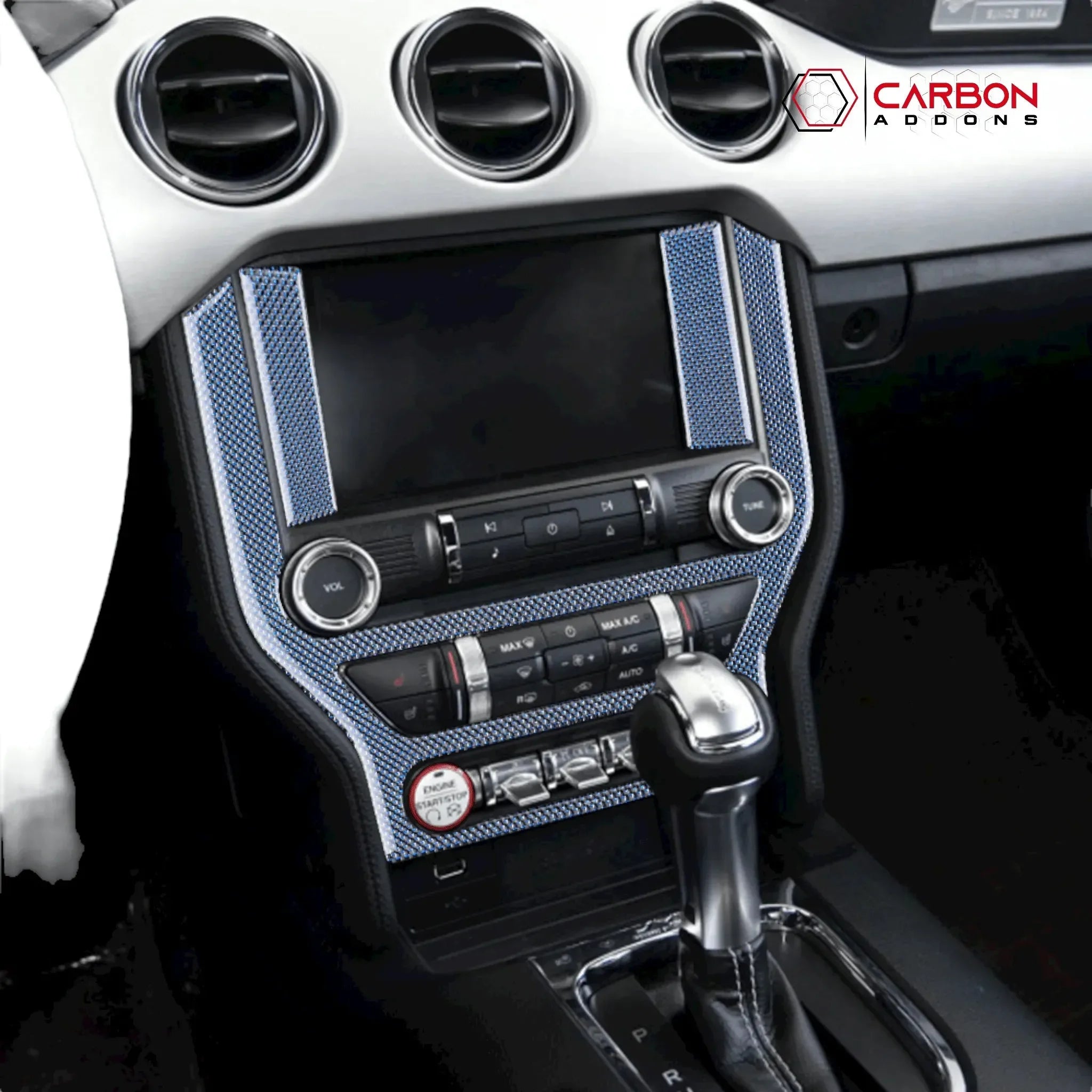 Reflective Carbon Fiber Multimedia Radio Trim Overlay for Ford Mustang 2015-2023 - carbonaddons Carbon Fiber Parts, Accessories, Upgrades, Mods