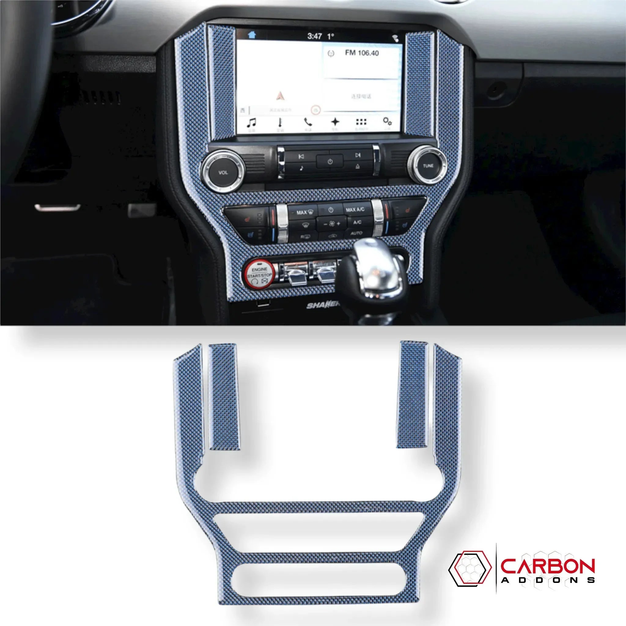 Reflective Carbon Fiber Multimedia Radio Trim Overlay for Ford Mustang 2015-2023 - carbonaddons Carbon Fiber Parts, Accessories, Upgrades, Mods