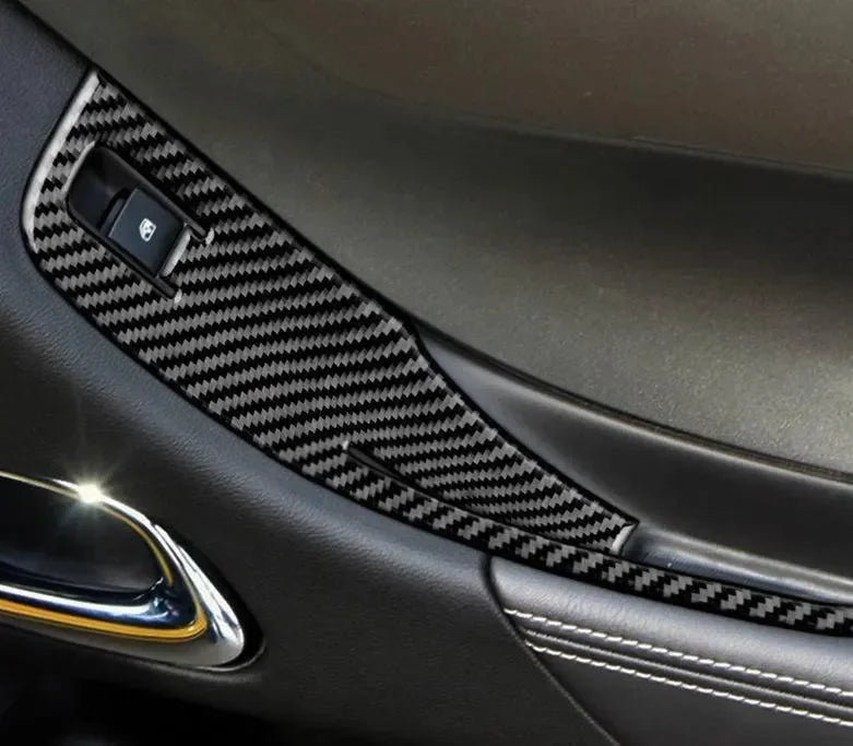 Real carbon fiber interior trim for car door panel with window switch, sleek black weave design