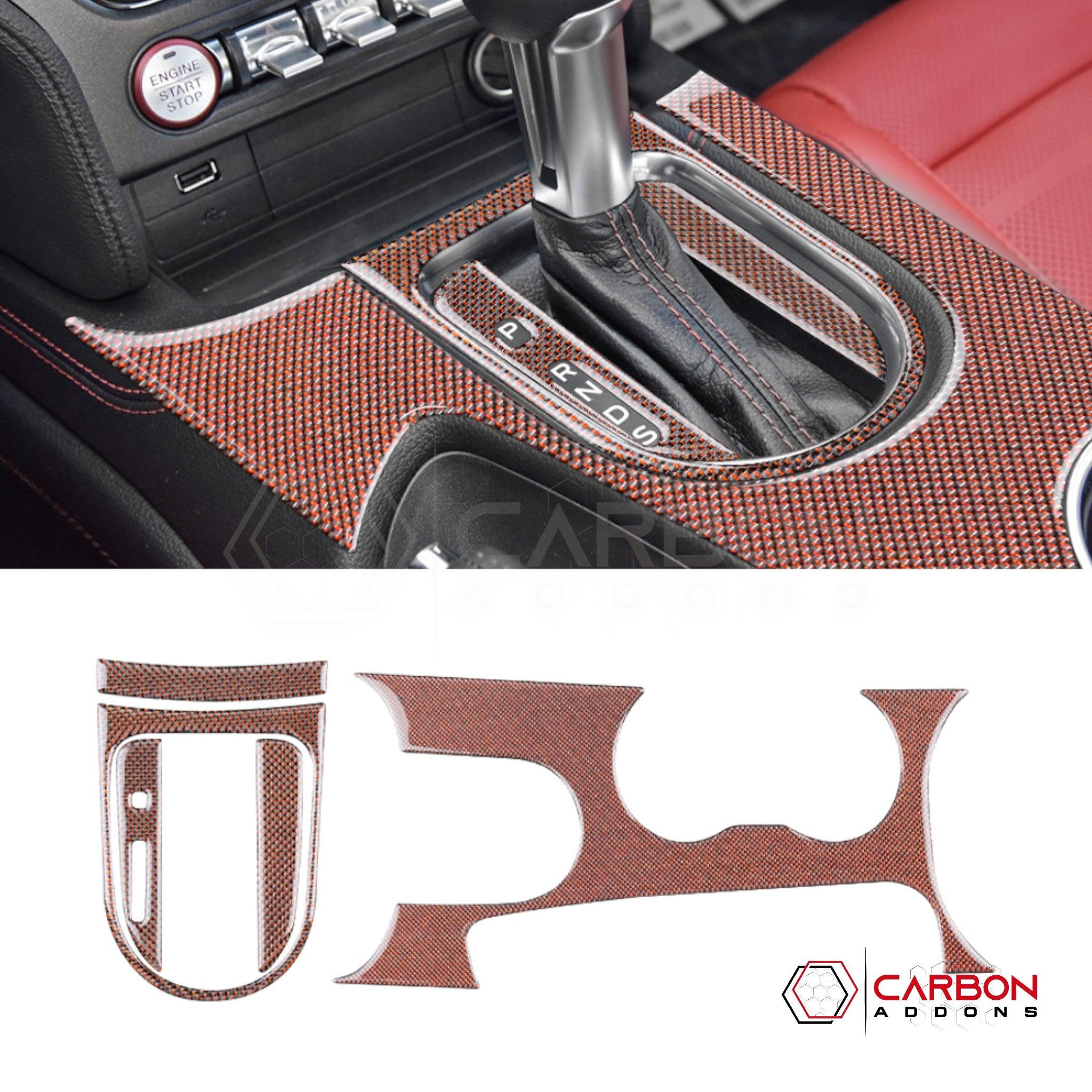 2015-2023 Mustang Reflective Carbon Fiber Center Console Overlay - carbonaddons Carbon Fiber Parts, Accessories, Upgrades, Mods
