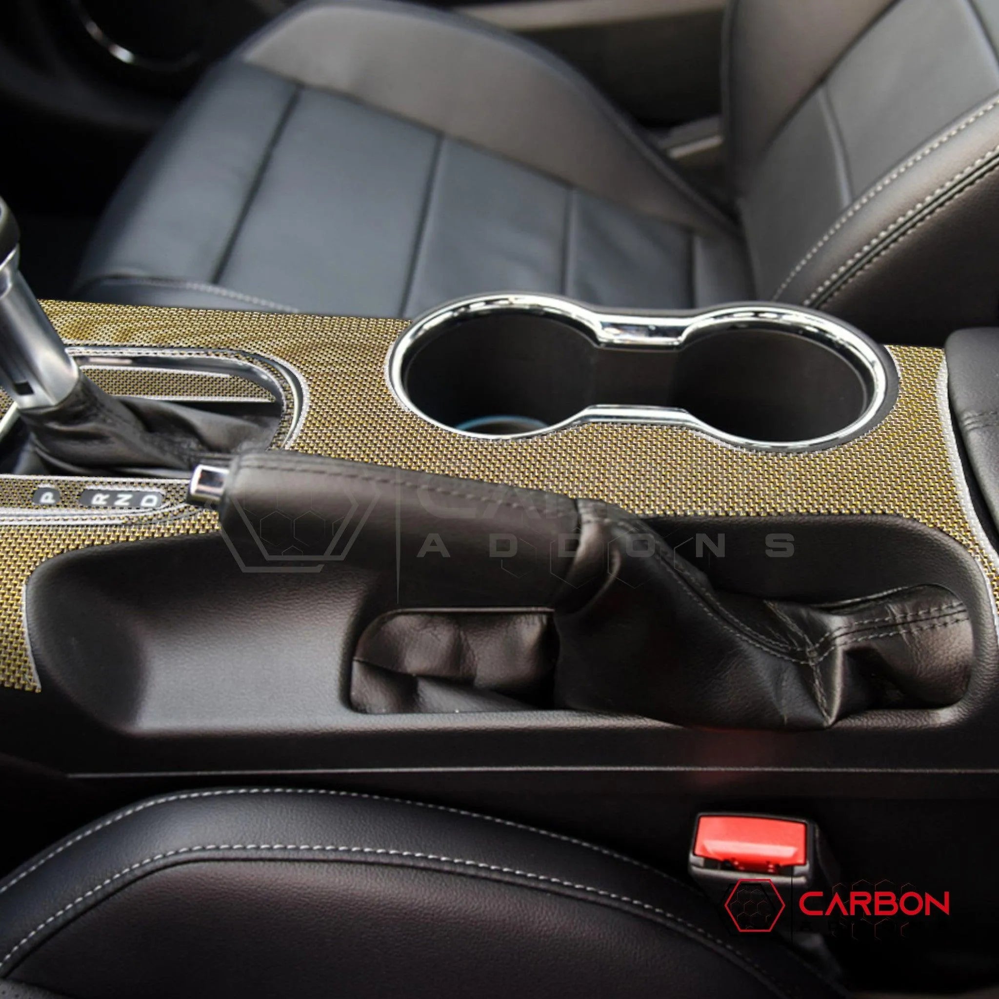 2015-2023 Mustang Reflective Carbon Fiber Center Console Overlay - carbonaddons Carbon Fiber Parts, Accessories, Upgrades, Mods