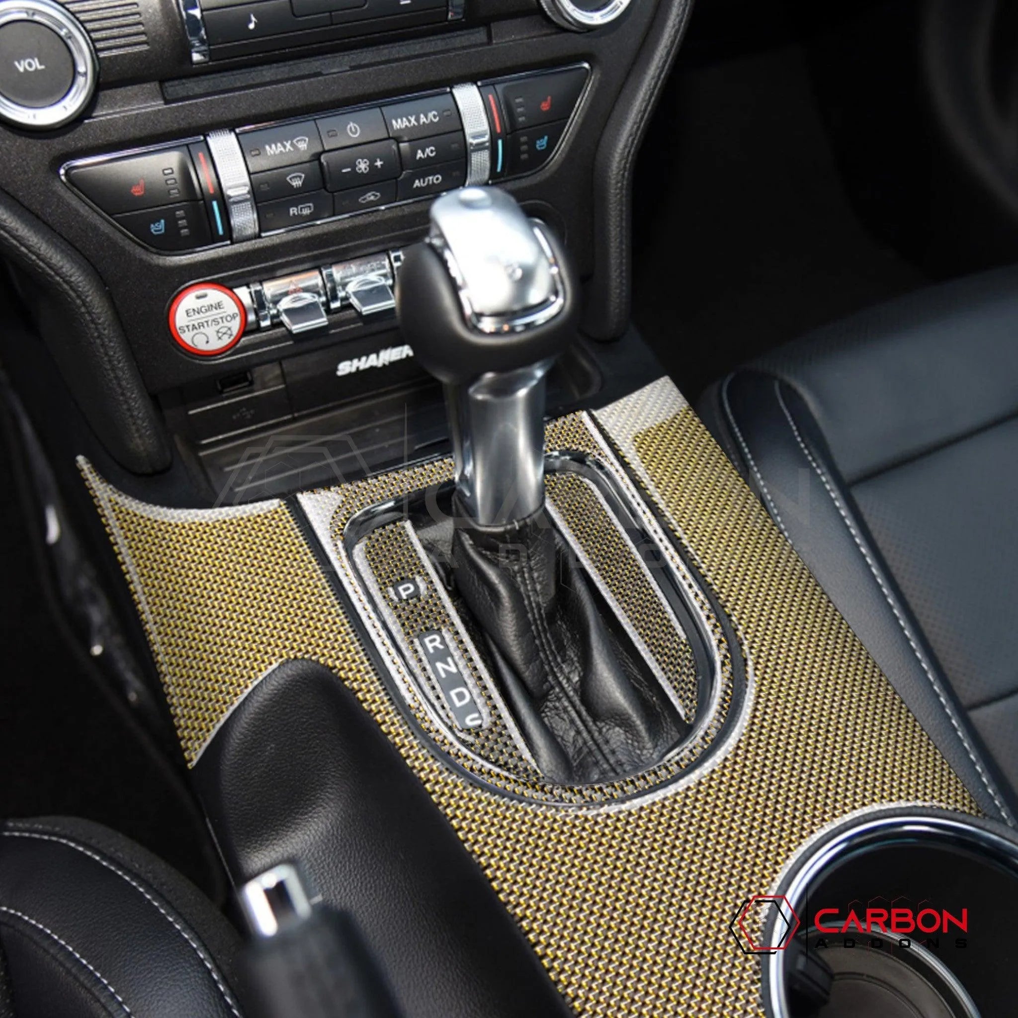 2015-2023 Mustang Reflective Carbon Fiber Center Console Overlay - carbonaddons Carbon Fiber Parts, Accessories, Upgrades, Mods