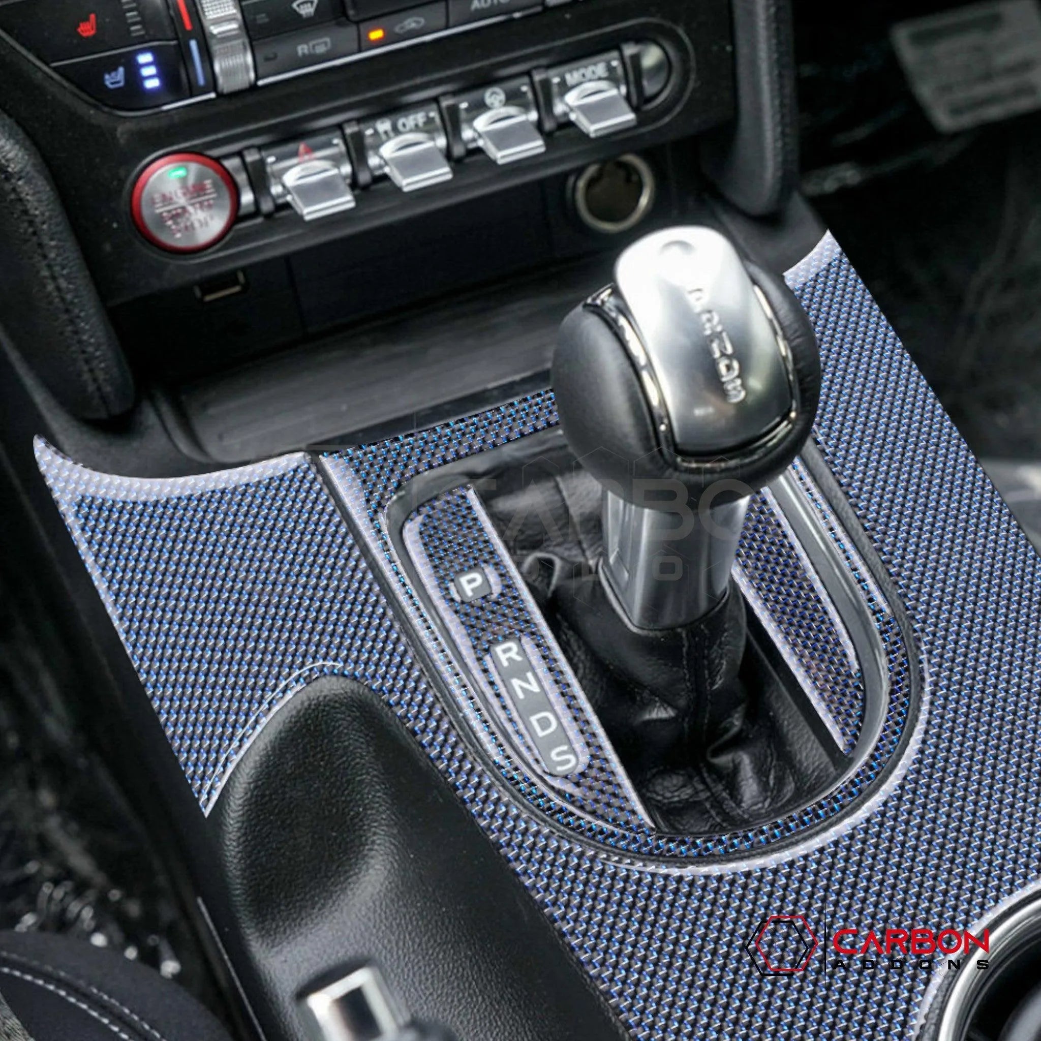 2015-2023 Mustang Reflective Carbon Fiber Center Console Overlay - carbonaddons Carbon Fiber Parts, Accessories, Upgrades, Mods