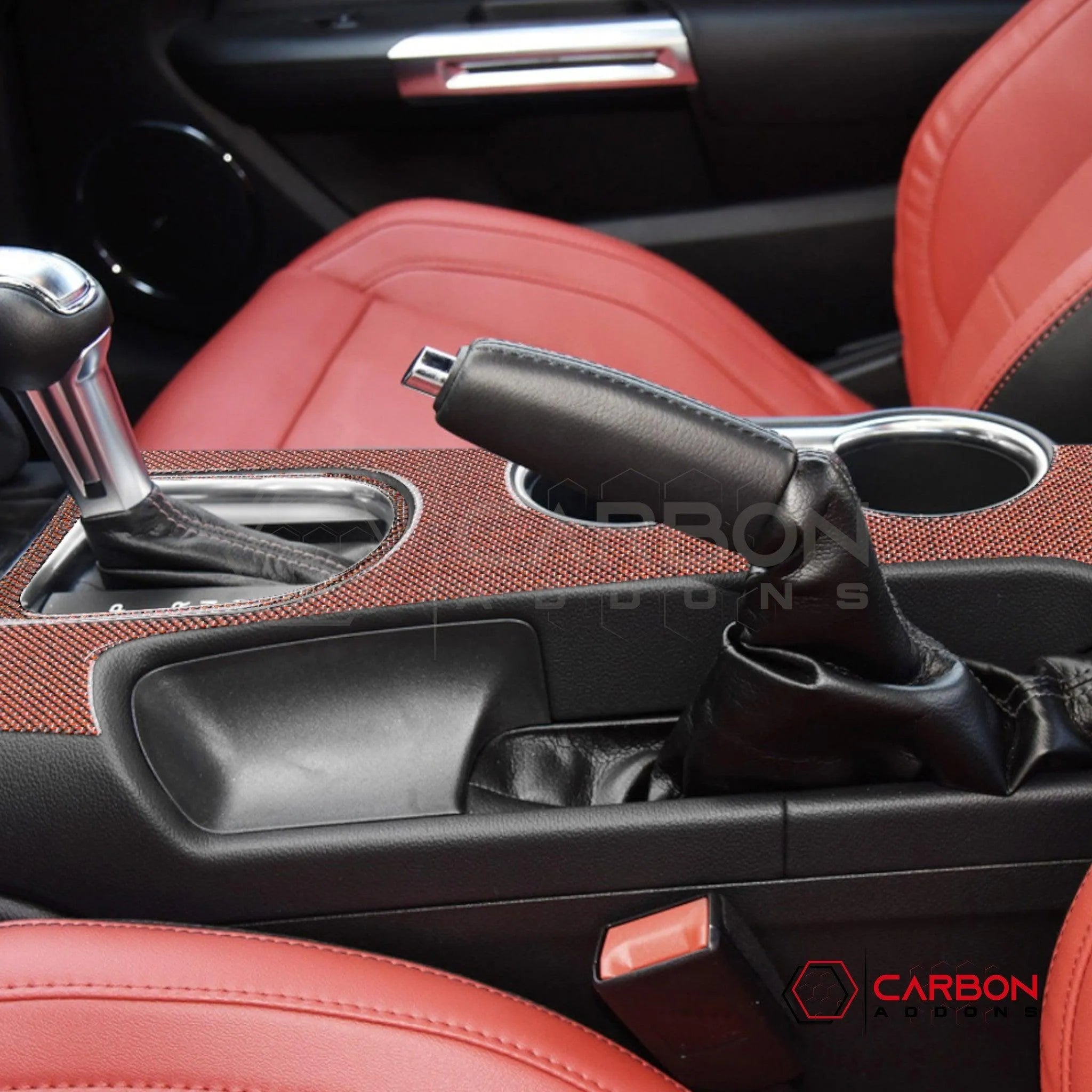 2015-2023 Mustang Reflective Carbon Fiber Center Console Overlay - carbonaddons Carbon Fiber Parts, Accessories, Upgrades, Mods