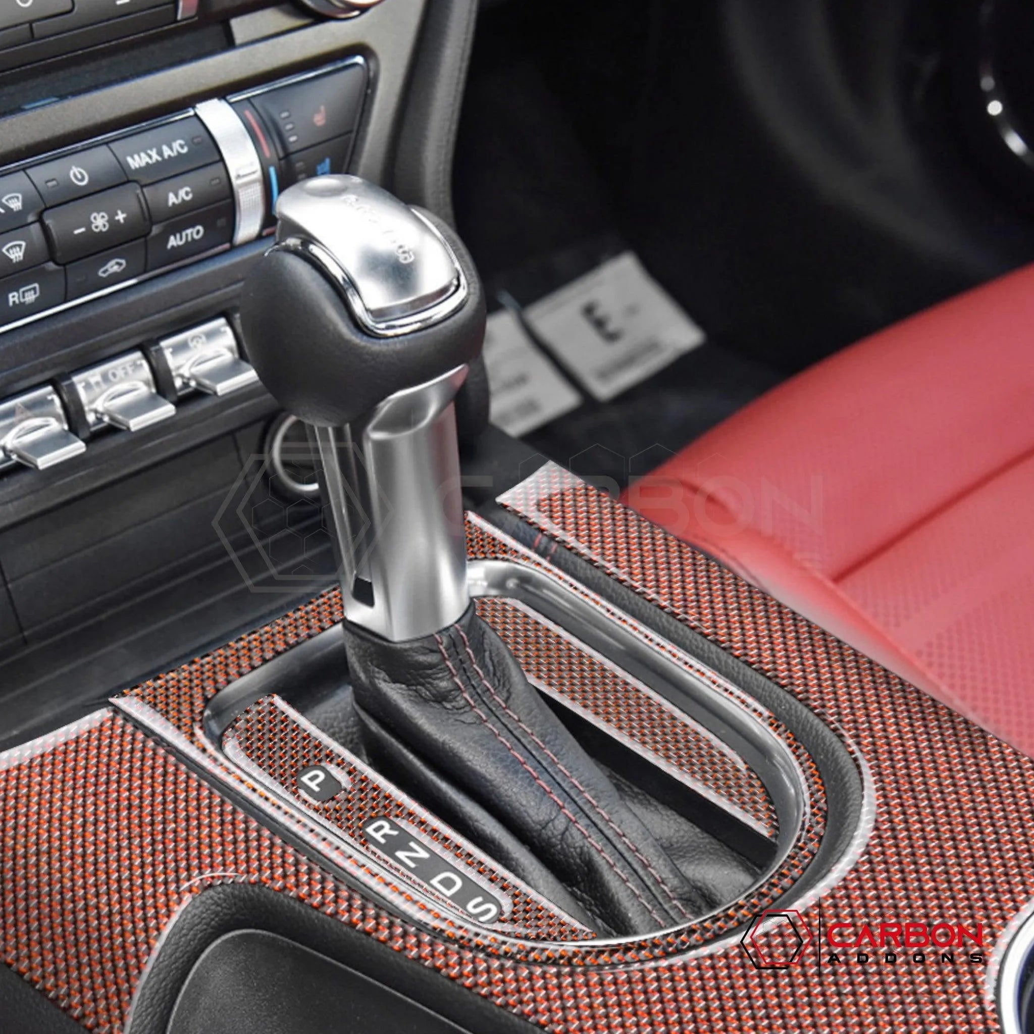 2015-2023 Mustang Reflective Carbon Fiber Center Console Overlay - carbonaddons Carbon Fiber Parts, Accessories, Upgrades, Mods