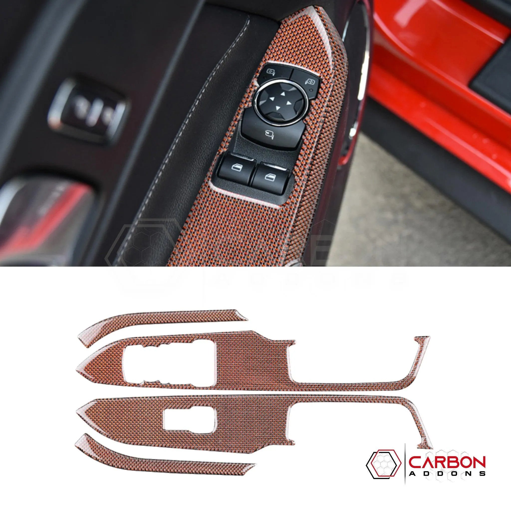 2015-2023 Mustang Reflective Carbon Fiber Window Switch Trim Overlay - carbonaddons Carbon Fiber Parts, Accessories, Upgrades, Mods