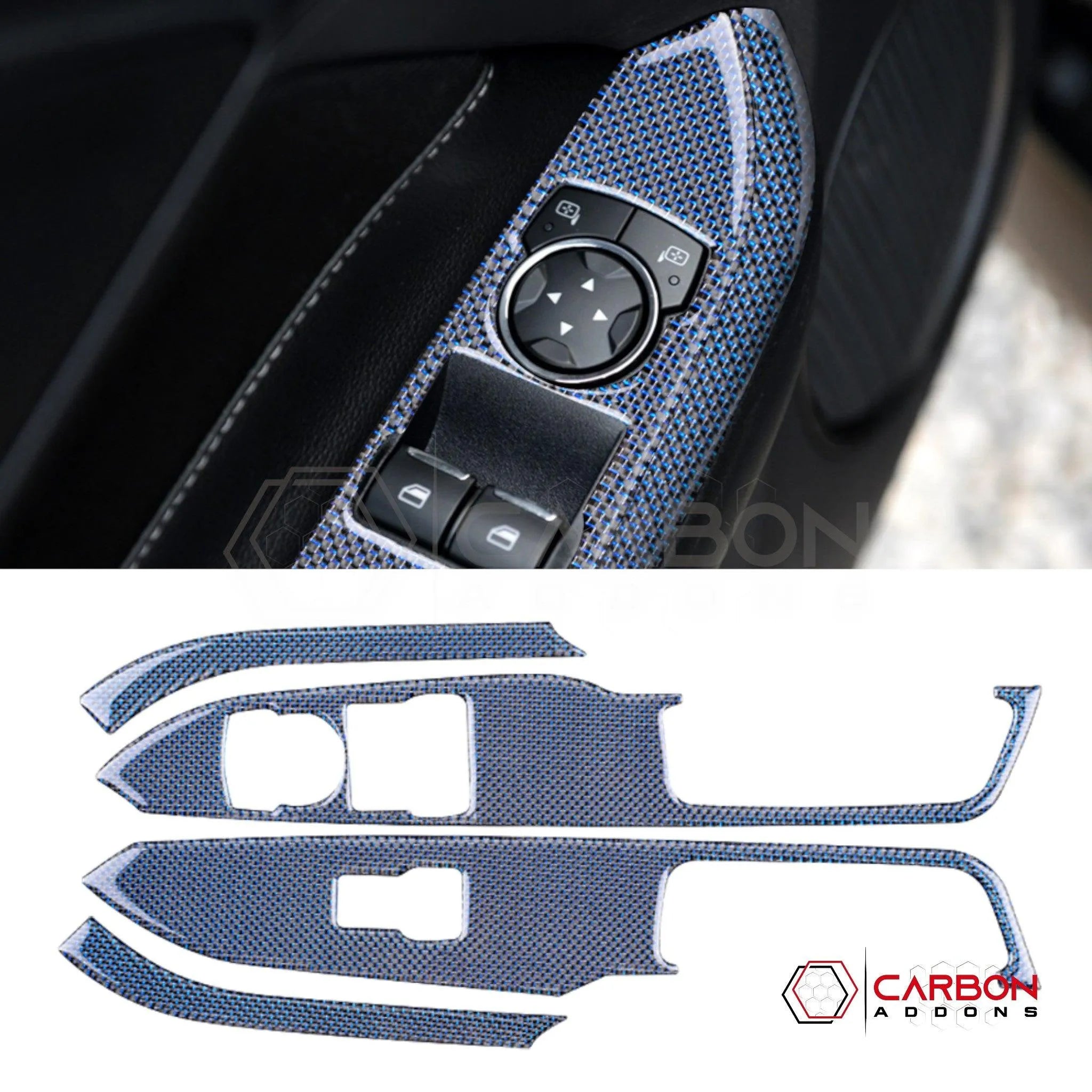 2015-2023 Mustang Reflective Carbon Fiber Window Switch Trim Overlay - carbonaddons Carbon Fiber Parts, Accessories, Upgrades, Mods