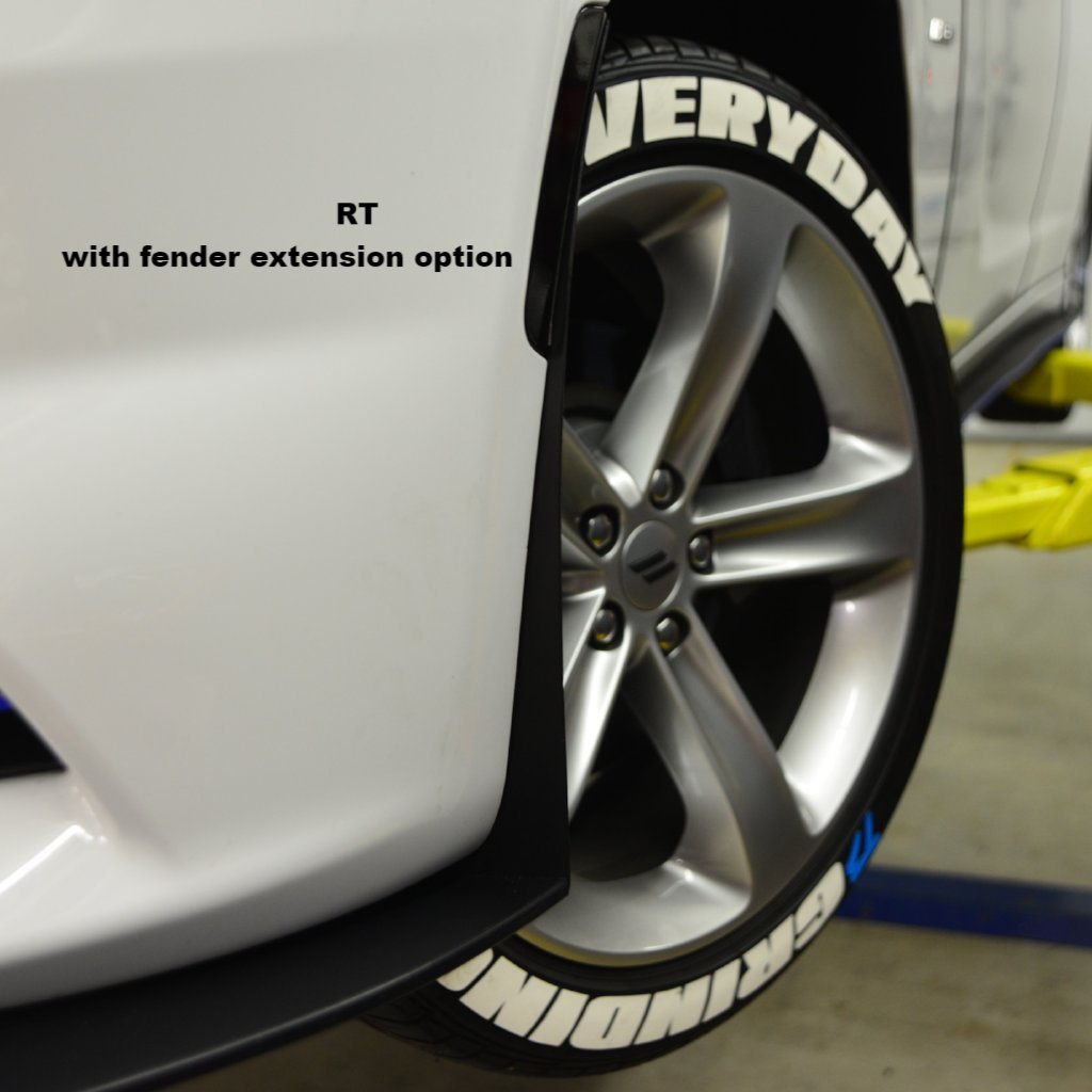 Car wheel with fender extension option labeled 'RT' on a white car.