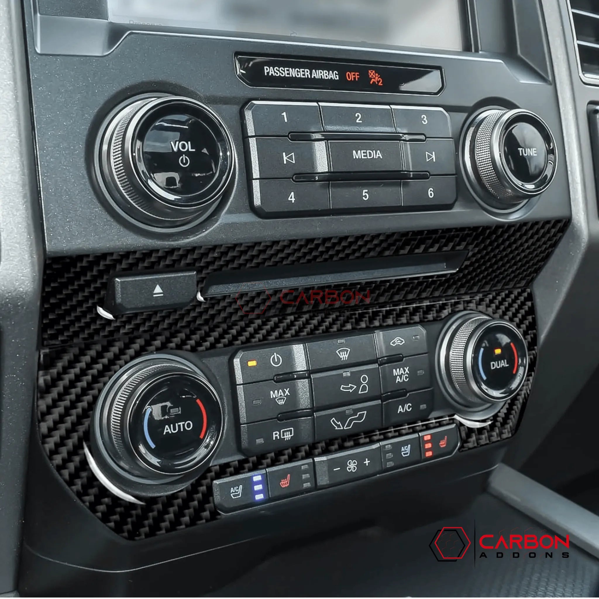 [2pcs] Real Carbon Fiber CD Panel & AC Control Trim Overlay | 2015-2020 Ford F150 - carbonaddons Carbon Fiber Parts, Accessories, Upgrades, Mods