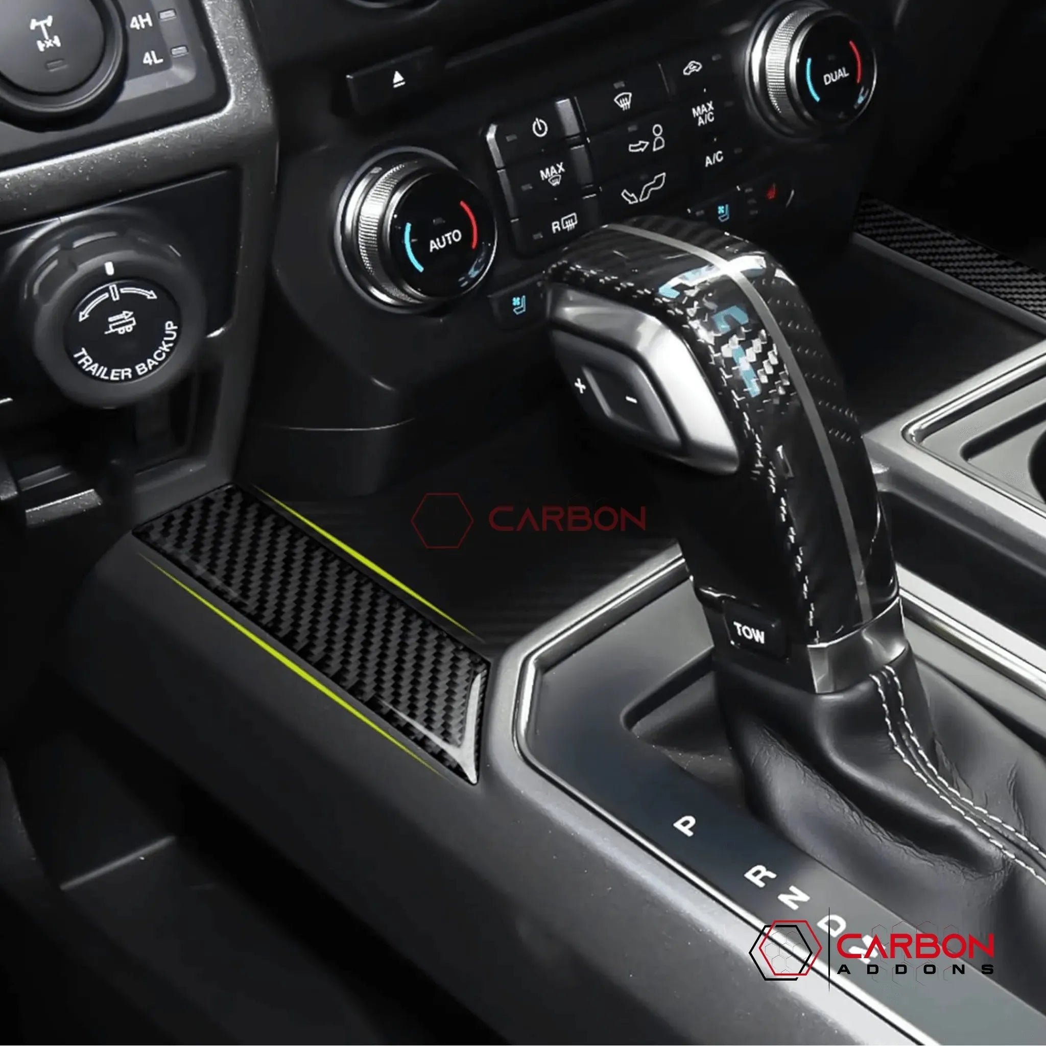 [2pcs] Real Carbon Fiber Center Console Storage Trim Compartment Trim Overlay | 2015-2020 Ford F150 - carbonaddons Carbon Fiber Parts, Accessories, Upgrades, Mods