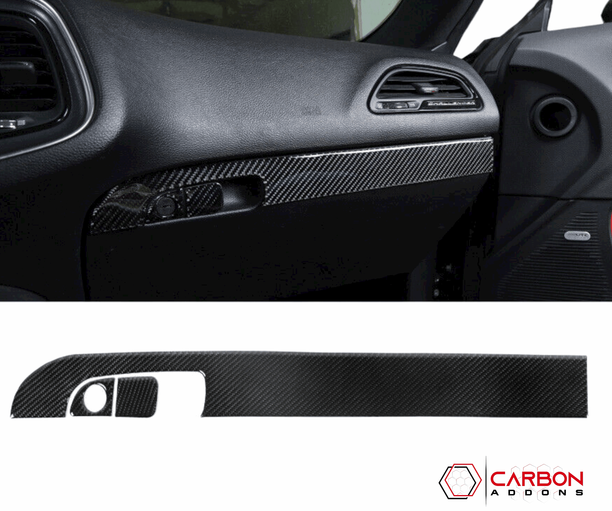 3pcs Carbon Fiber Glove Box Handle Full Strip Kit Overlay for Dodge Challenger 2015-2023 - carbonaddons Carbon Fiber Parts, Accessories, Upgrades, Mods