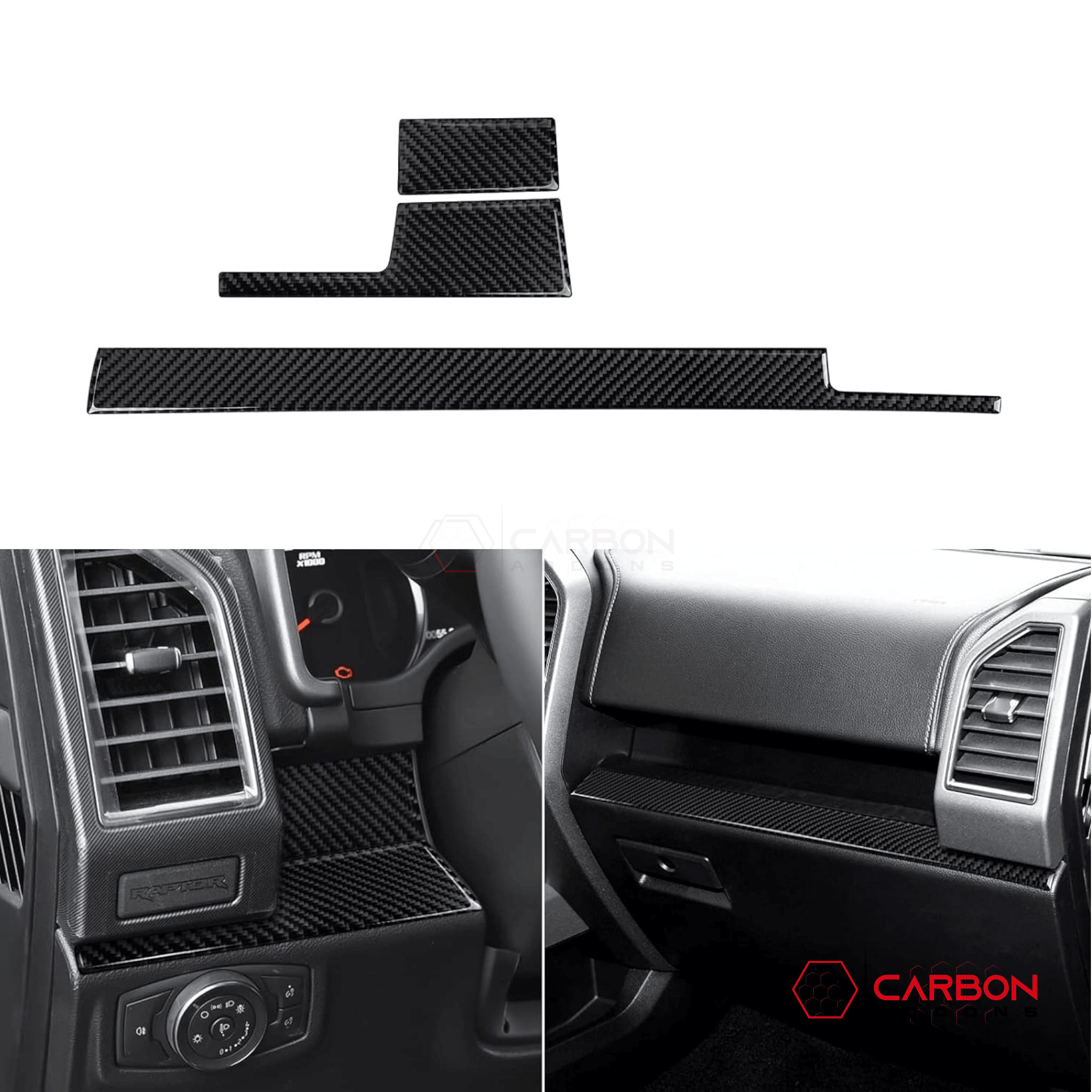[3pcs] Real Carbon Fiber Dashboard Trim Overlay | 2015-2020 Ford F150 - carbonaddons Carbon Fiber Parts, Accessories, Upgrades, Mods